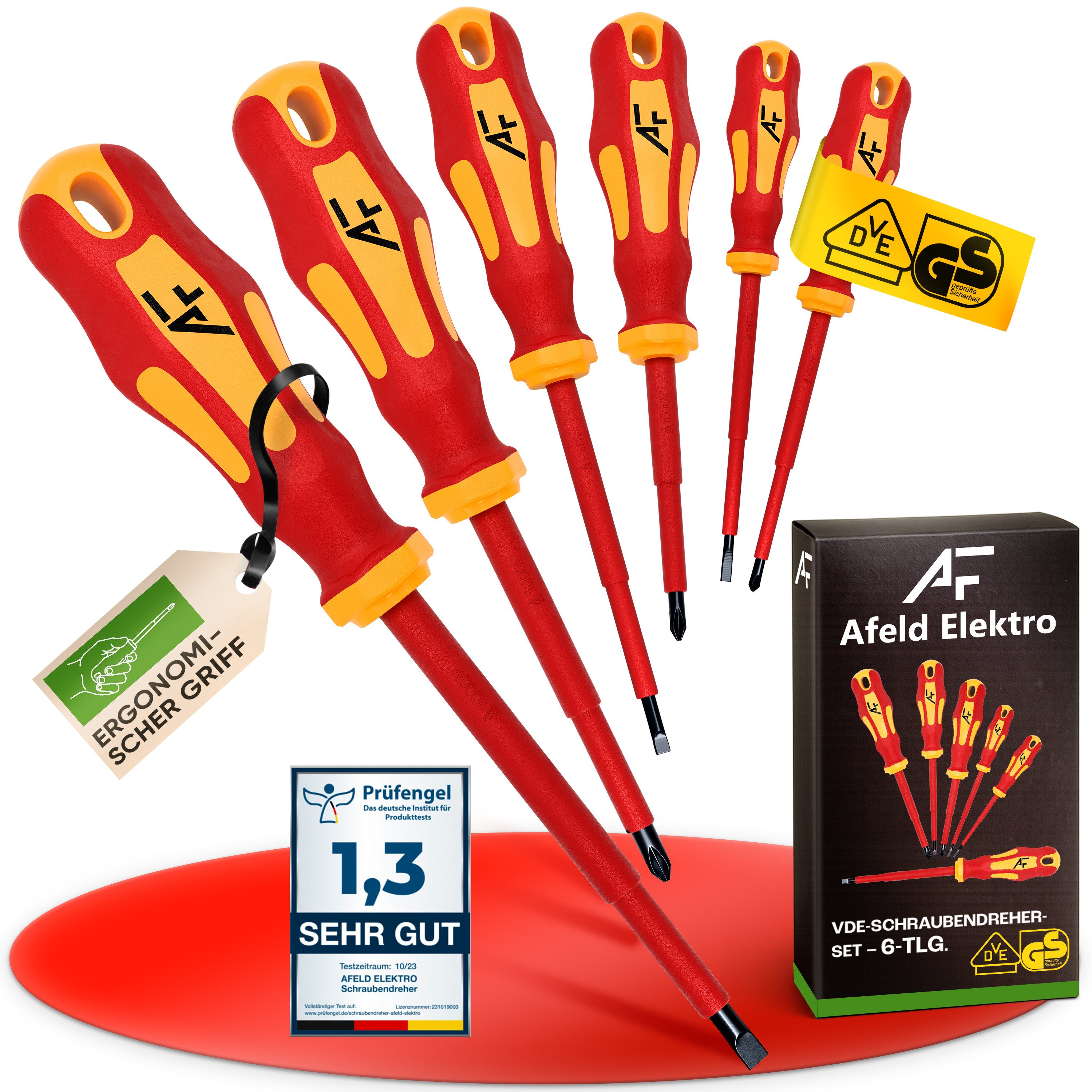 Afeld Elektro Schraubendreher VDE Elektriker 6er Set, (6 St), bis 1.000V, S2-Stahl, Ergonomisch, Magnetisch, 2-Komponenten-Griff