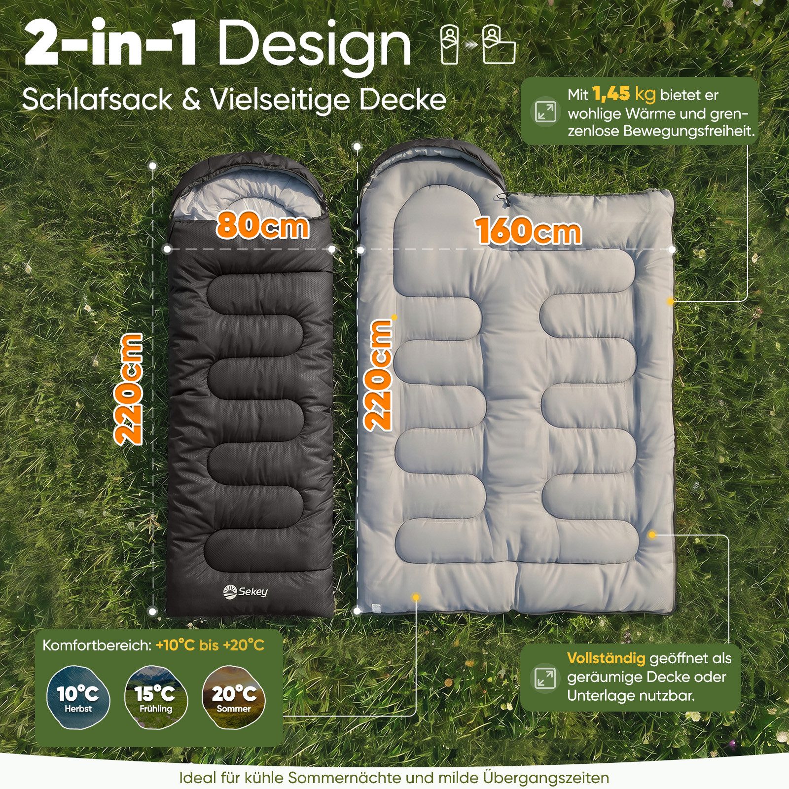 Sekey Deckenschlafsack 3 Jahreszeiten Schlafsack 220x80 cm 10–20°C Deckenform mit Kapuze, 2-in-1 Schlafsack & Decke – Atmungsaktiv, wasserabweisend