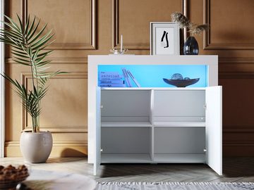 SONNI Kommode Sideboard Weiß Hochglanz mit LED Beleuchtung, Kommodenschrank Sideboard für Küche und Esszimmer, Wohnzimmer
