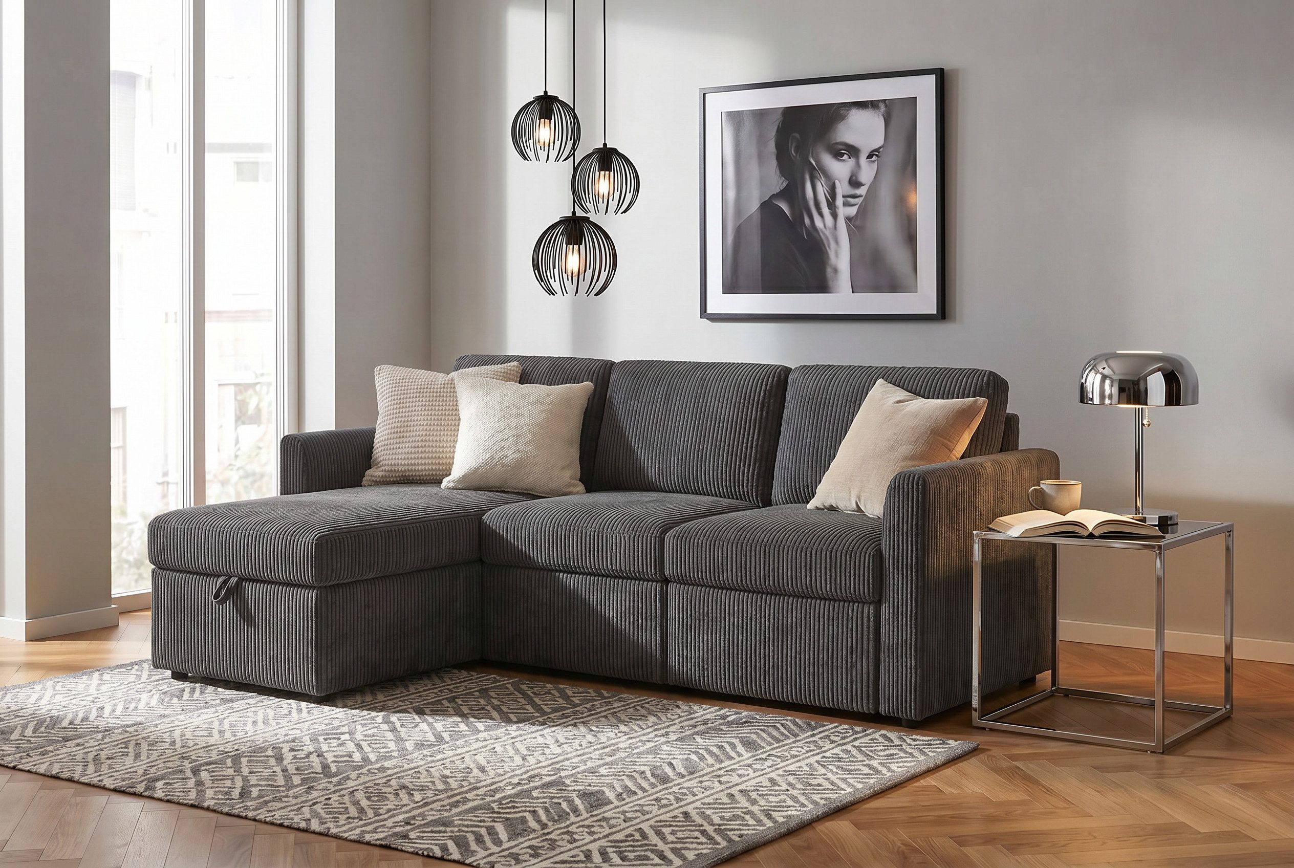 Dorel Home Ecksofa NORDHUS, L-Form, 200 cm, Recamiere rechts/links montierbar, mit Stauraum, softer Cord-Bezug