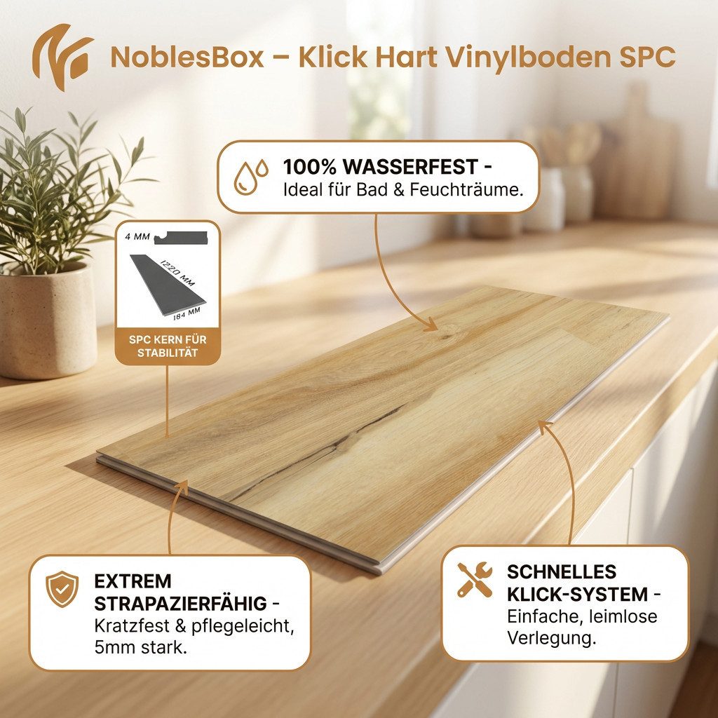 NoblesBox Designboden Klick Vinylboden SPC - Hartvinyl - 4+1mm Wasserfest - 1 mm Isolierung, Für Fußbodenheizung, Hochabriebfest & Klicksystem – Bild 2 von 5