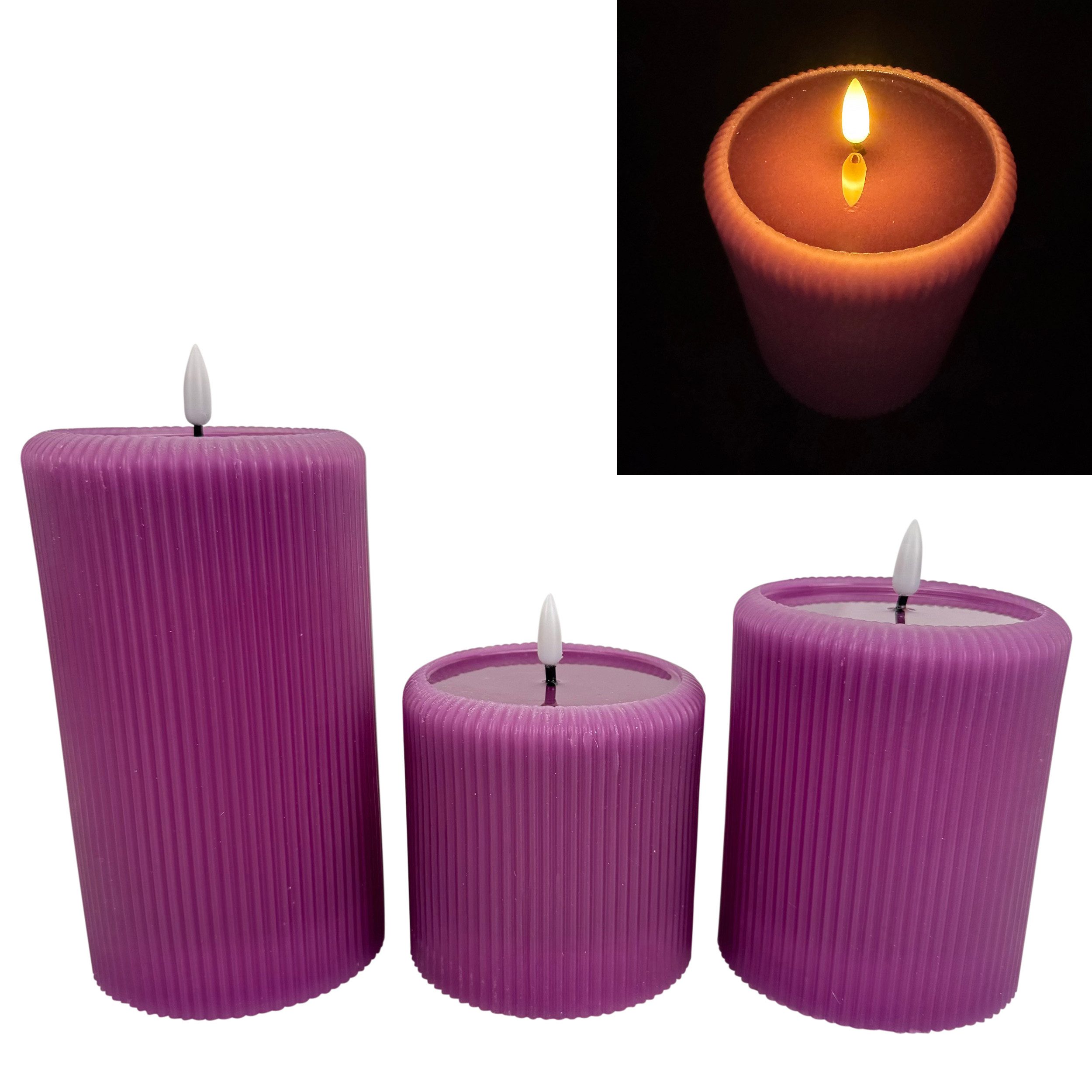 Online-Fuchs LED-Kerze 3 moderne LED Stumpenkerzen XL mit spiegelnder Flamm günstig online kaufen