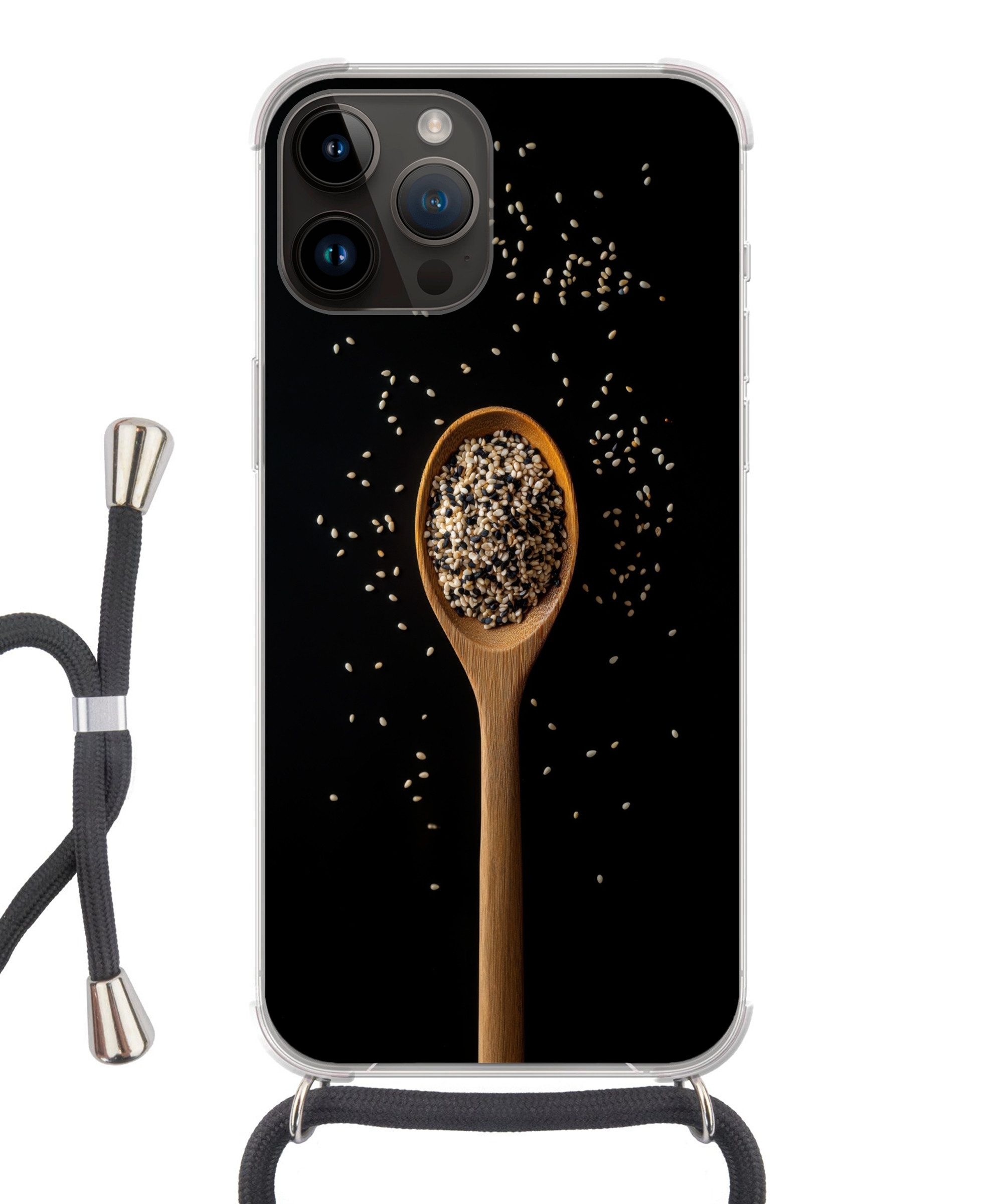 MuchoWow Handyhülle für Apple iPhone 14 Pro Max Sesam - Löffel - Schwarz, Tragbare Handyhüllen mit Kette zum umhängen, Handykette Handyband