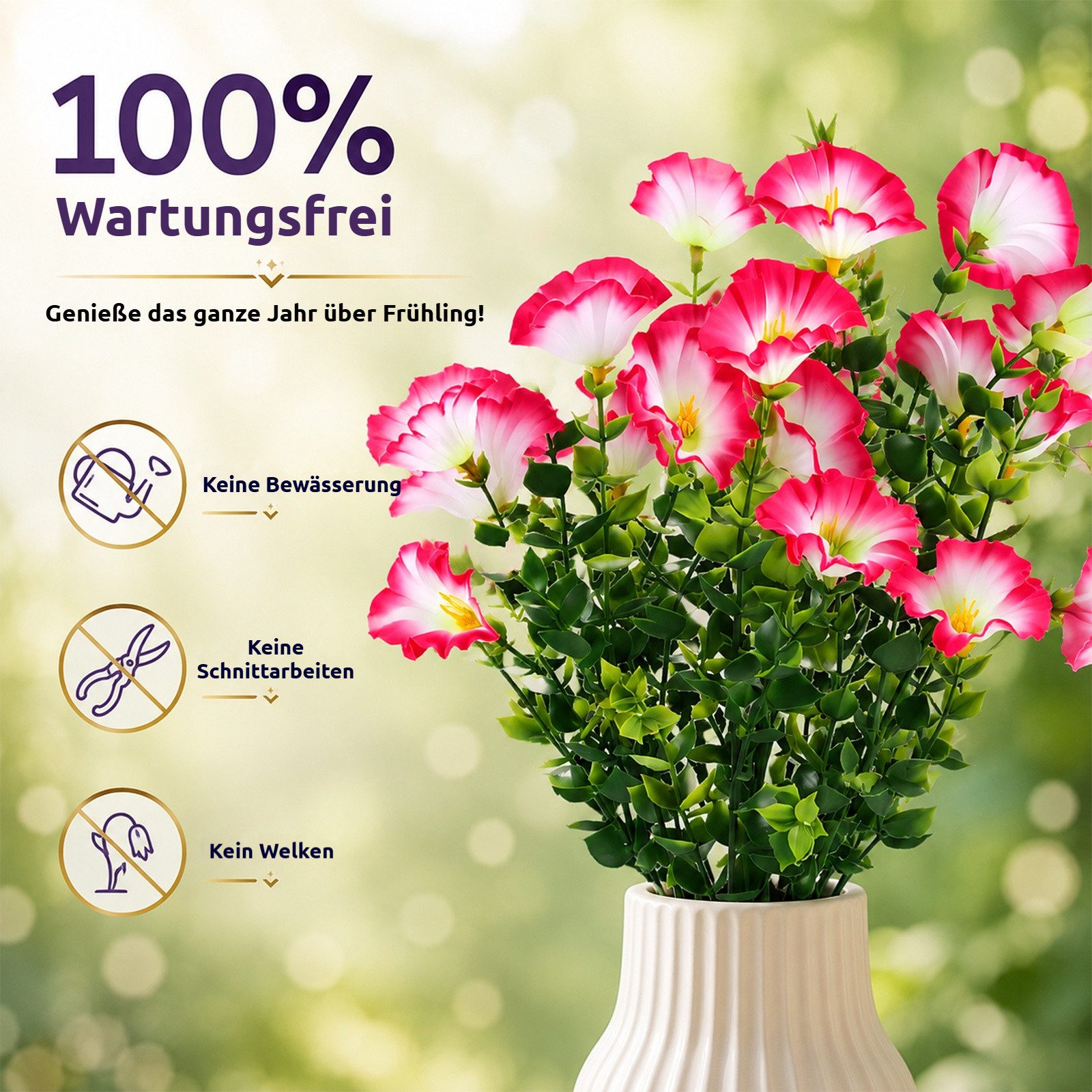 Kunstblumenstrauß 12 Bündel künstliche Blumen wie echt, UV‑beständig, pflegeleicht Prunkwinde / Stiefmütterchen, BlingBin, Höhe 35 cm, Kunstpflanzen für Außenbe – Bild 5 von 5
