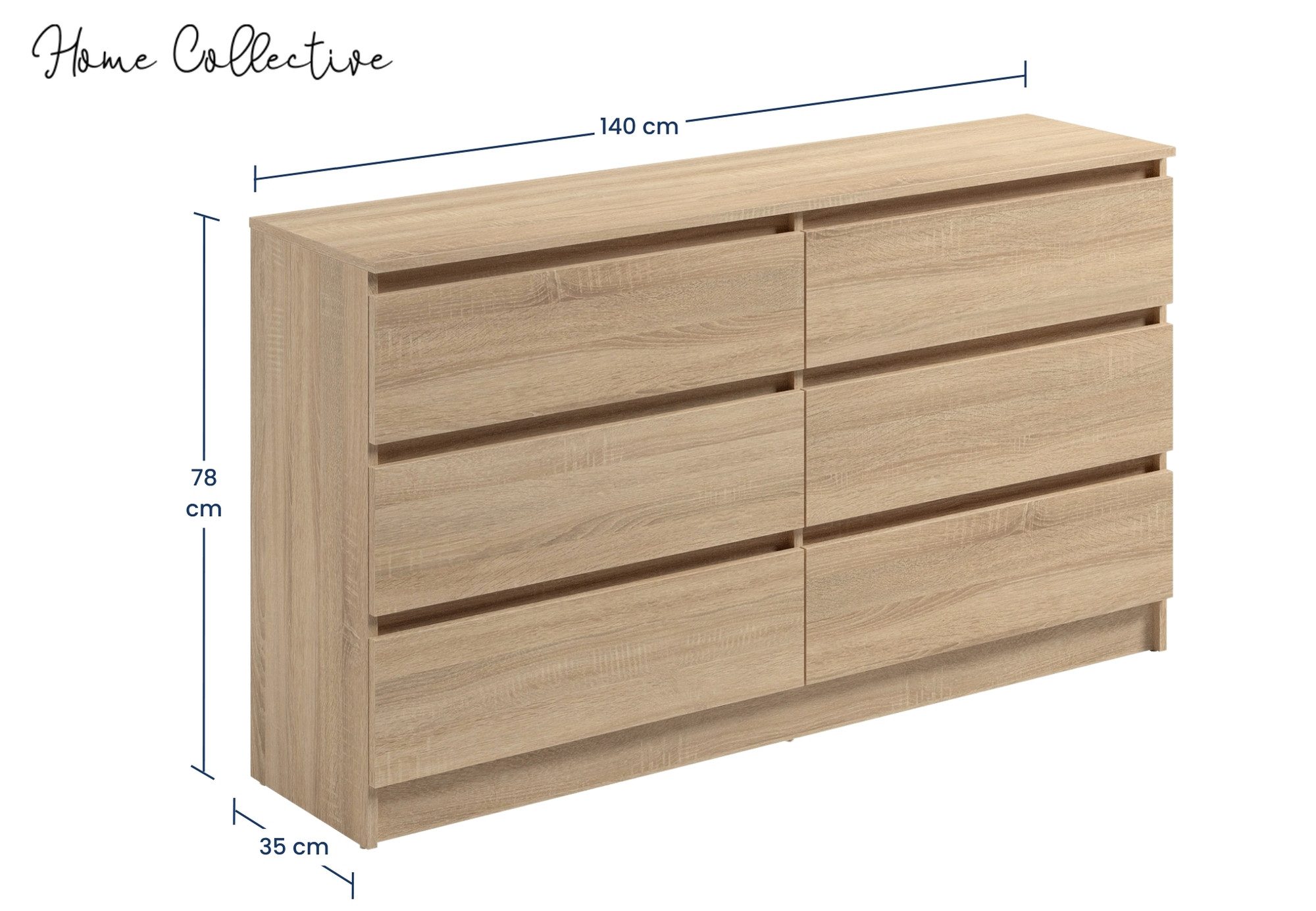 Home Collective Kommode mit 6 Schubladen 95, 120, 140, 160 cm breit Holz Schrank (Highboard Anrichte Schlafzimmer Wohnzimmer Flur Büro Organizer), Kommode 140 cm breit Kommode Sideboard, Sonoma