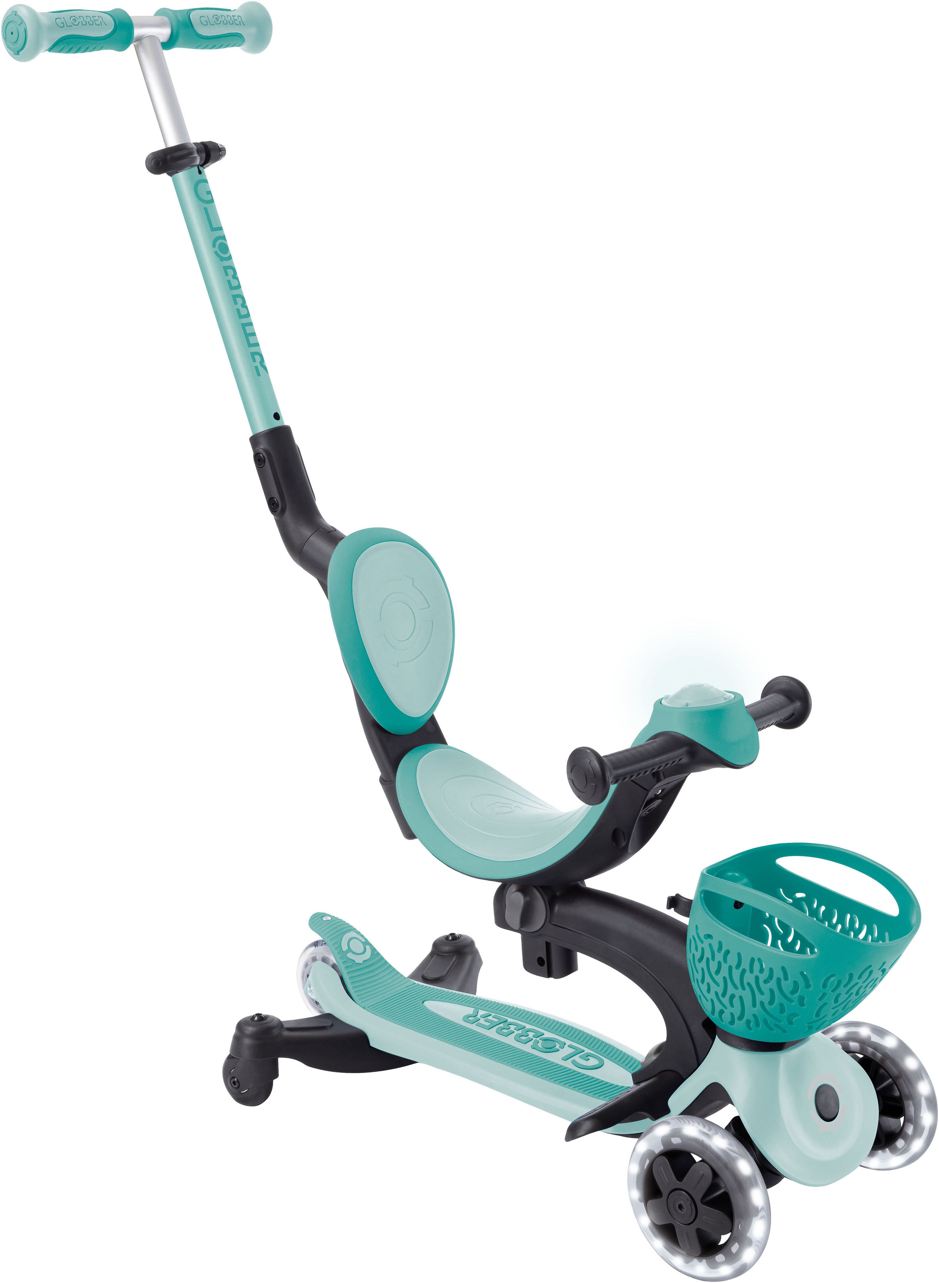 Globber Tretroller GO-UP BABY 360 LIGHTS, mit Leuchtrollen und Leuchtmodul, Aufsitzrad, Laufrad und Scooter in Einem