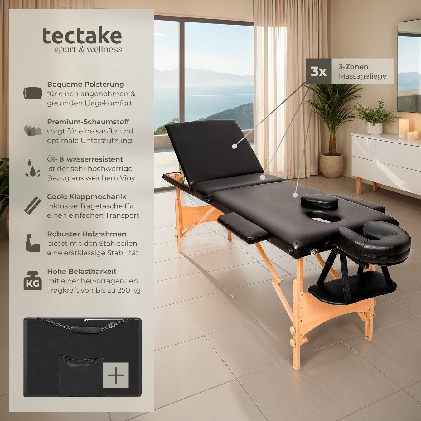 tectake Massageliege Faltbarer Massagetisch mit 3 Zonen, 5 cm Polster, Holzgestell (Set, 1-St., mit Tragetasche), Inkl. Tragetasche, abnehmbare Kopfstütze und Armlehnen