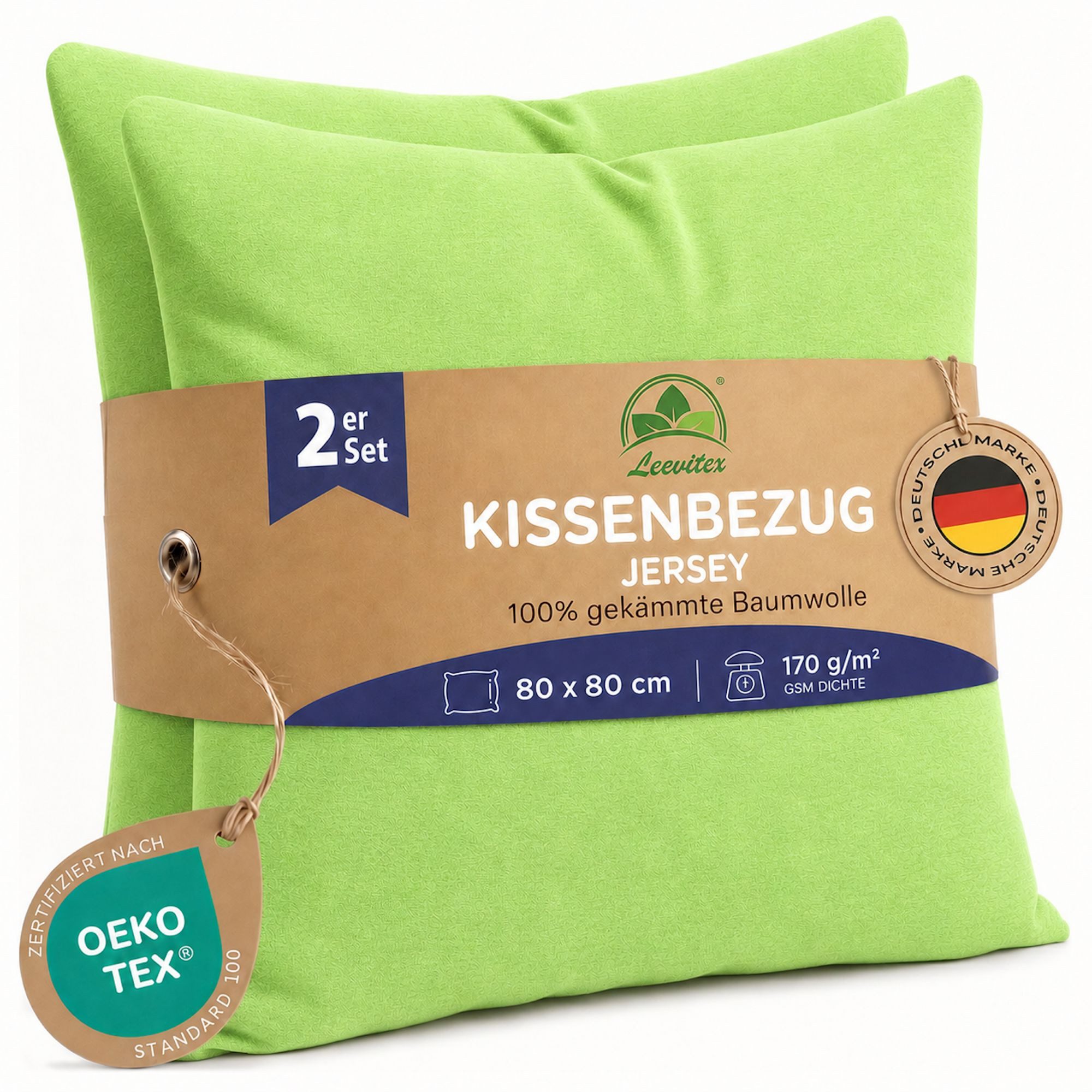 leevitex® Kissenbezüge Kissenbezug 80 x 80 cm, 2er Set, Apfelgrün/Hellgrün, (2 Stück), feine Jersey-Qualität, 100% Baumwolle, robuster Reißverschluss