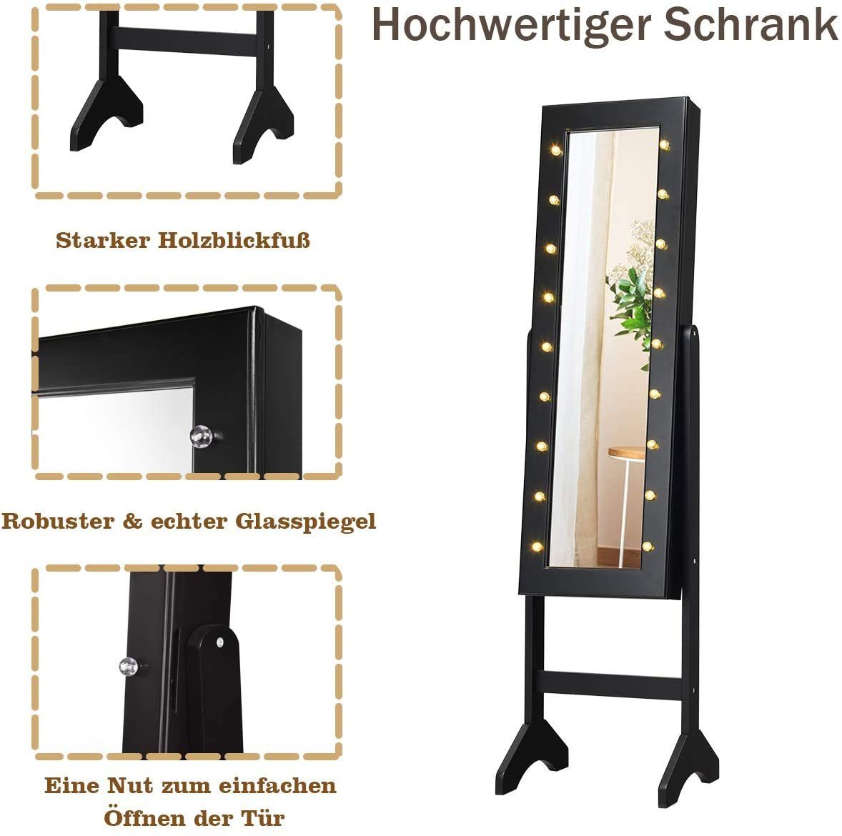 Schmuckschrank neigbar, COSTWAY Spiegel, stehend, Schwarz LED mit 35×31,5x145cm und