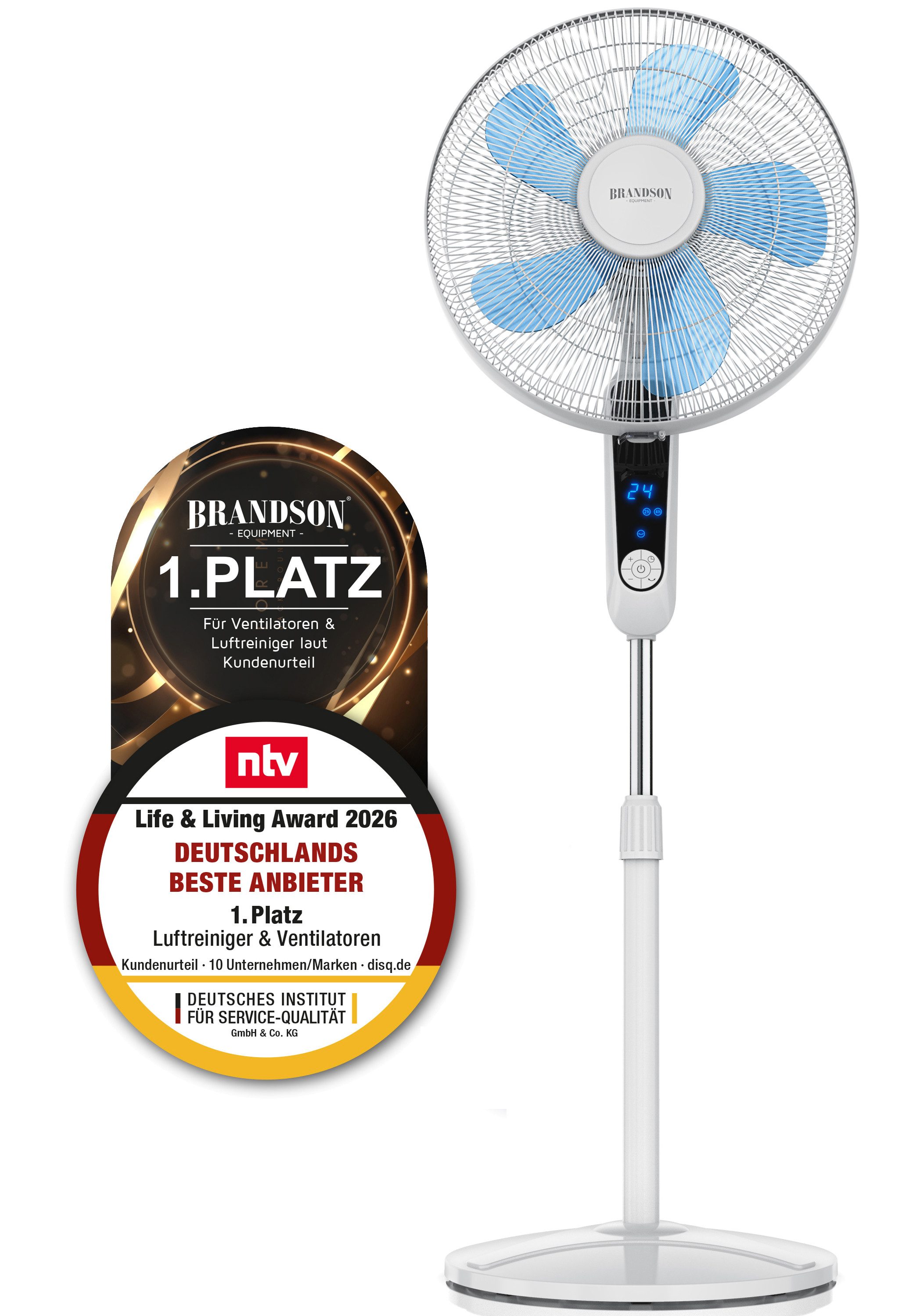 Brandson Standventilator DC Lüfter, leise, Fernbedienung, NTV Sieger 2026, Oszillation, 30 Watt, 45,5 cm Durchmesser, energiesparend, 25 Geschwindigkeitsstufen, mobiler Lüfter GS-Geprüft