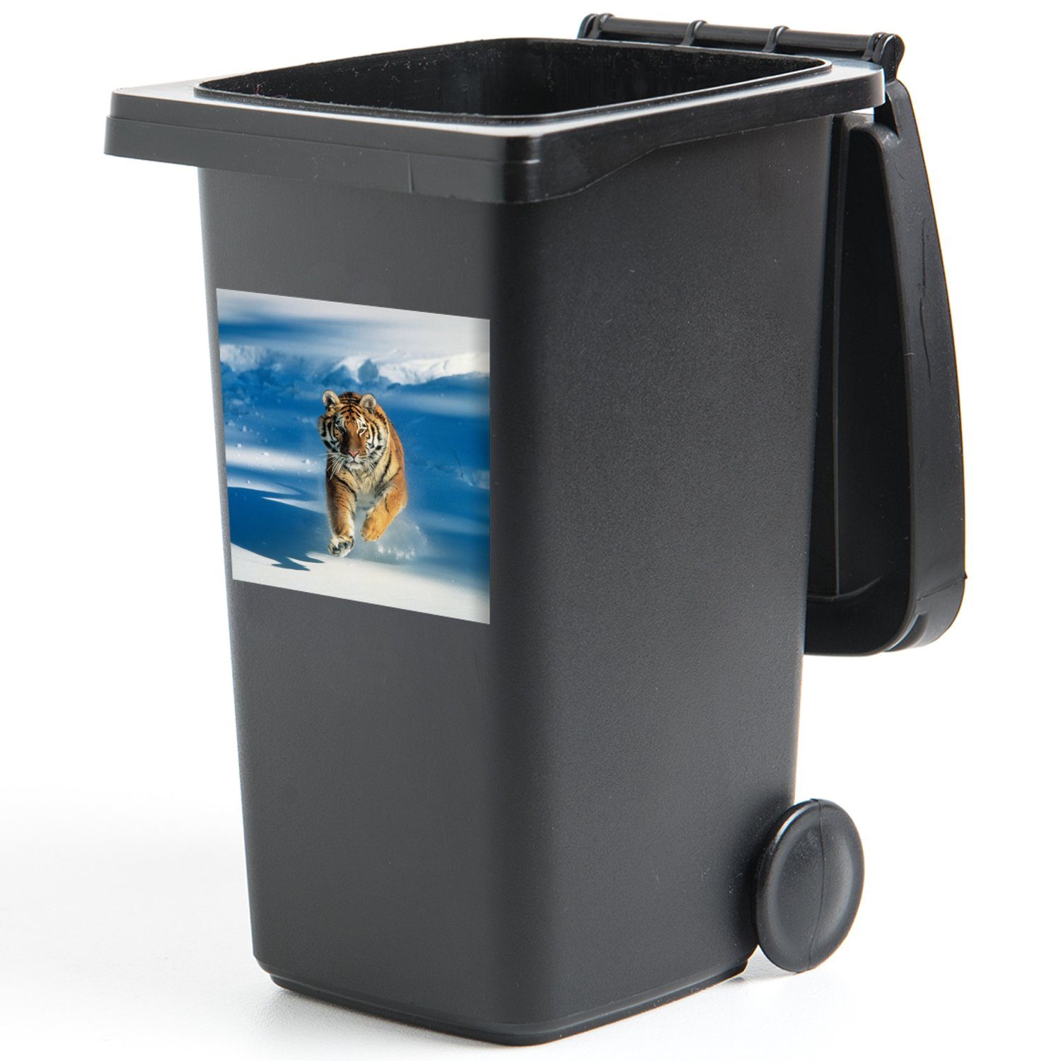 Mülltonne, Container, - Wandsticker Lauf Sticker, Abfalbehälter St), - Mülleimer-aufkleber, MuchoWow Schnee (1 Tiger