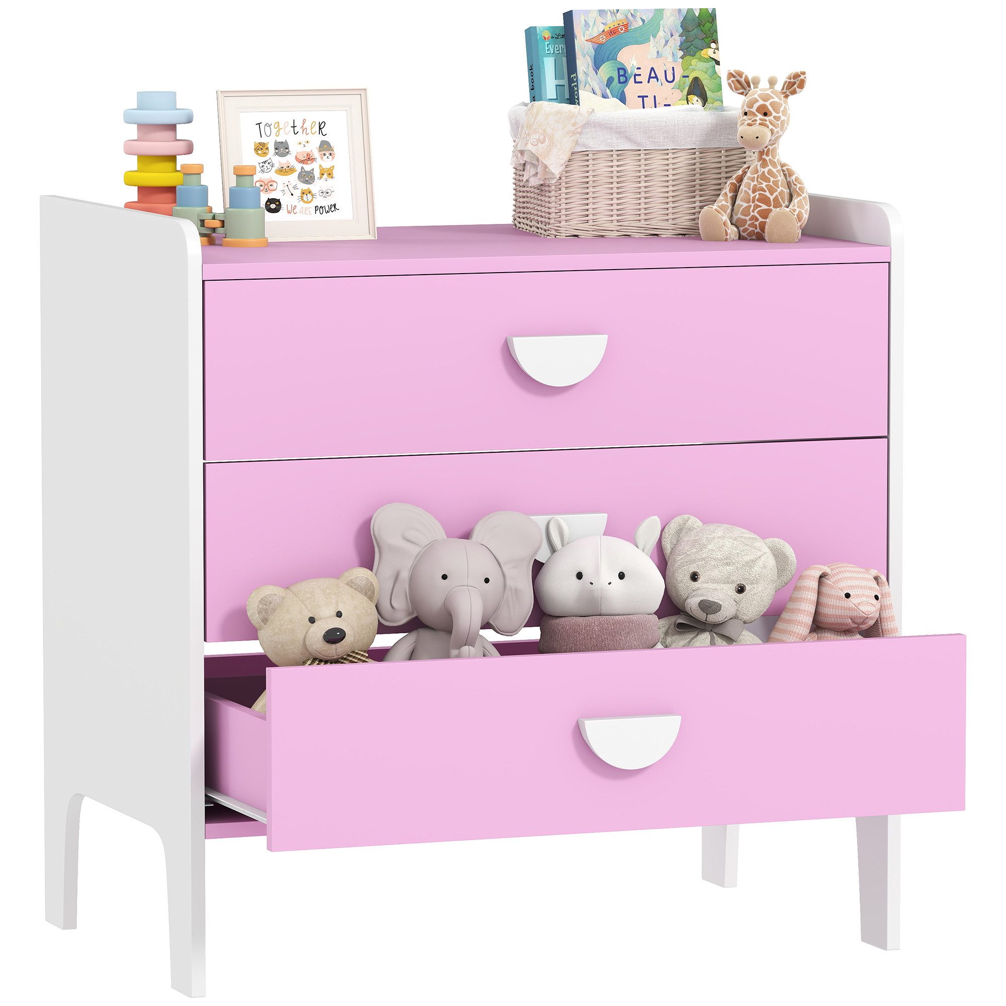 AIYAPLAY Kommode mit 3 Schubladen (Spielzeugschrank für Kinder, 1 St., Aufbewahrungsschrank), für Kinderzimmer, Wohnzimmer, 60 x 40 x 60 cm Rosa+Weiß
