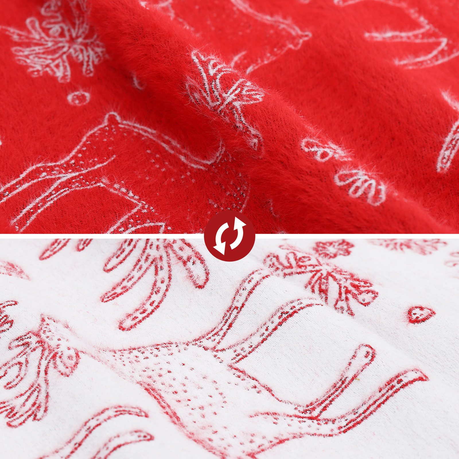 Salcar Weihnachtsbaumdecke Beidseitig bedruckte Weihnachtsbaumdecke Rund Rot Christbaumrock Weiß, Weiche Fleece-Baumdecke in Rot-Weiß mit Rentier- & Schneeflockenmotiv