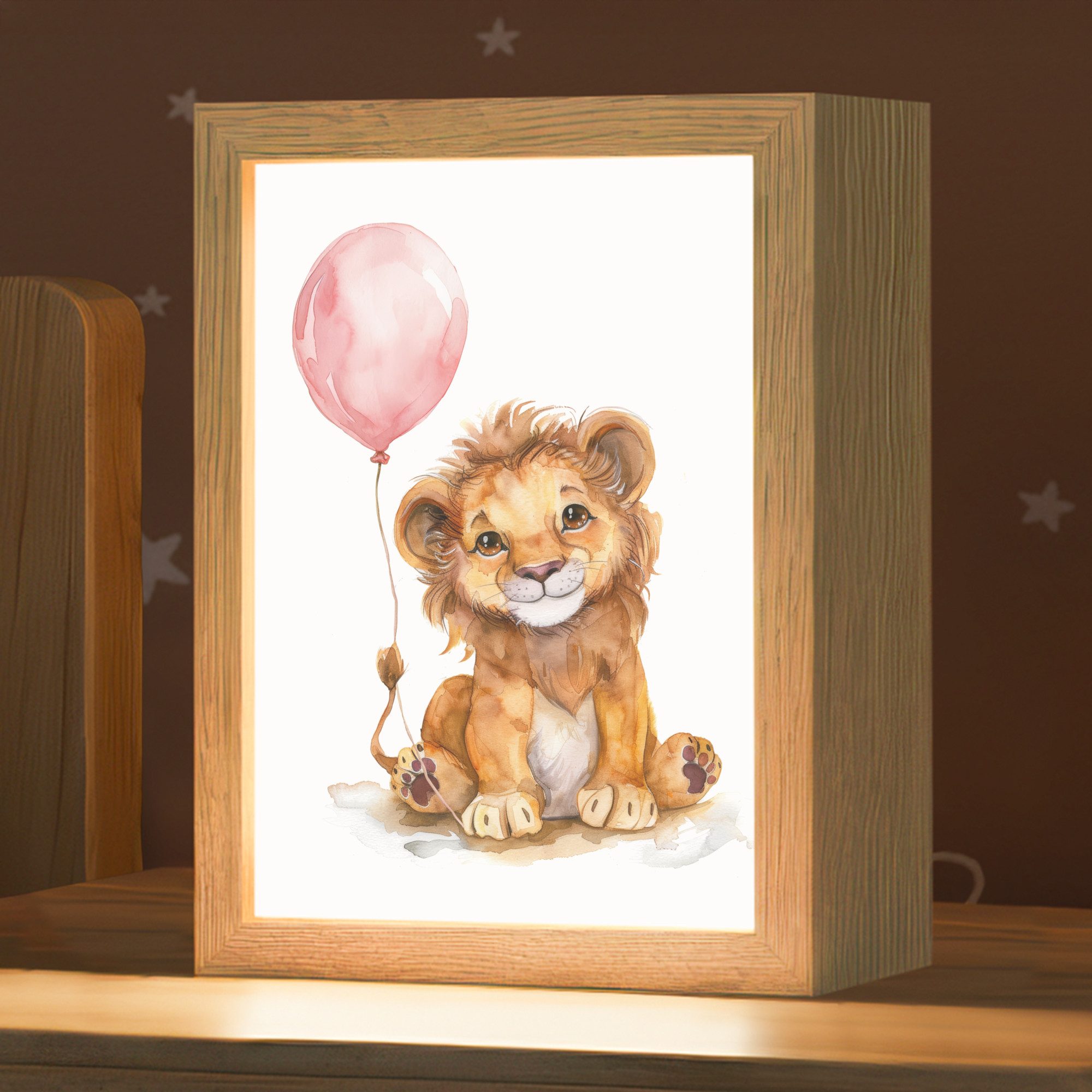 OnlyWow Nachttischlampe Lightbox Löwe - Babytier - Rosa Luftballon - Mädchen, Dimmbar, Farbwechsel, LED, Warmweiß, Kaltweiß, Neutralweiß Einstellbar, Kinderzimmer, Babyzimmer, Dimmbar, mit Kabel, Nachtlampe, LED