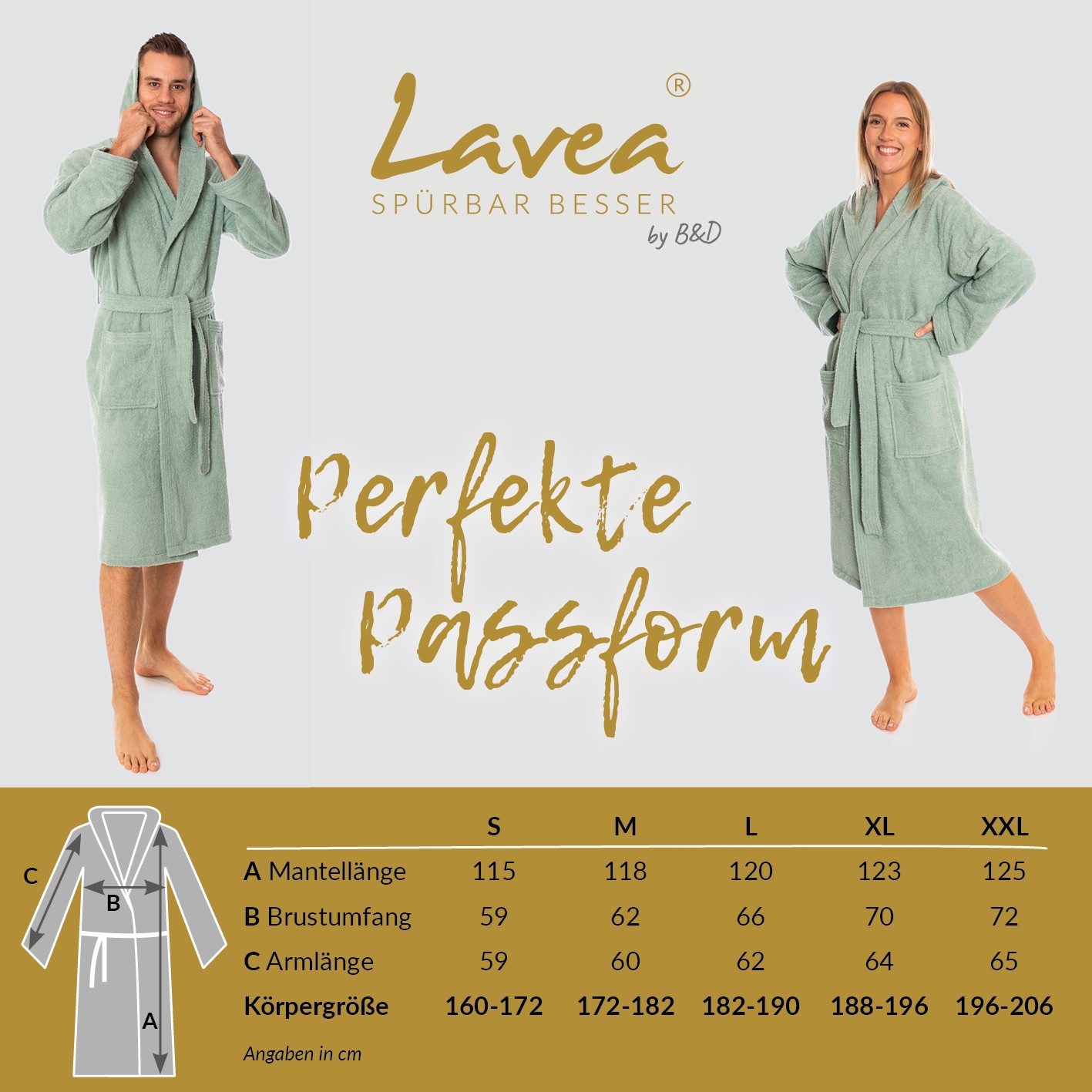 Lavea Bademantel Mexico, Lang, Premium Morgenmantel aus 100% Baumwolle, mit Kapuze, howertiger Bindegürtel, Weich & Saugstark - Spa Feeling für Zuhause