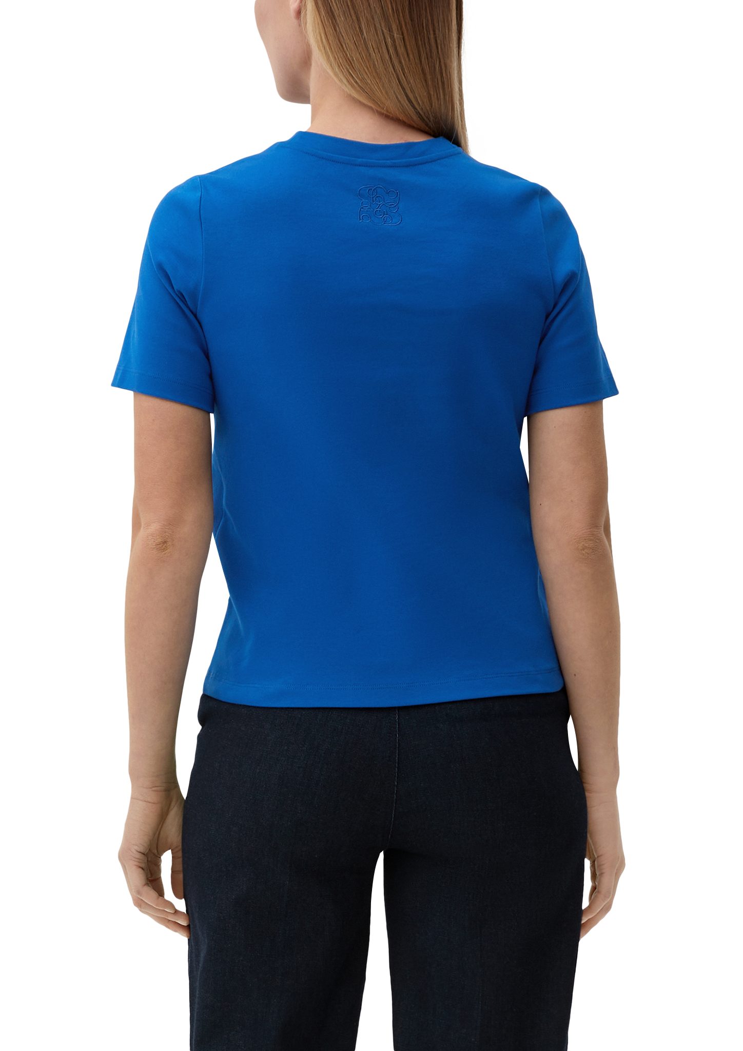aus BLACK T-Shirt royalblau LABEL Baumwolle reiner Stickerei Kurzarmshirt s.Oliver