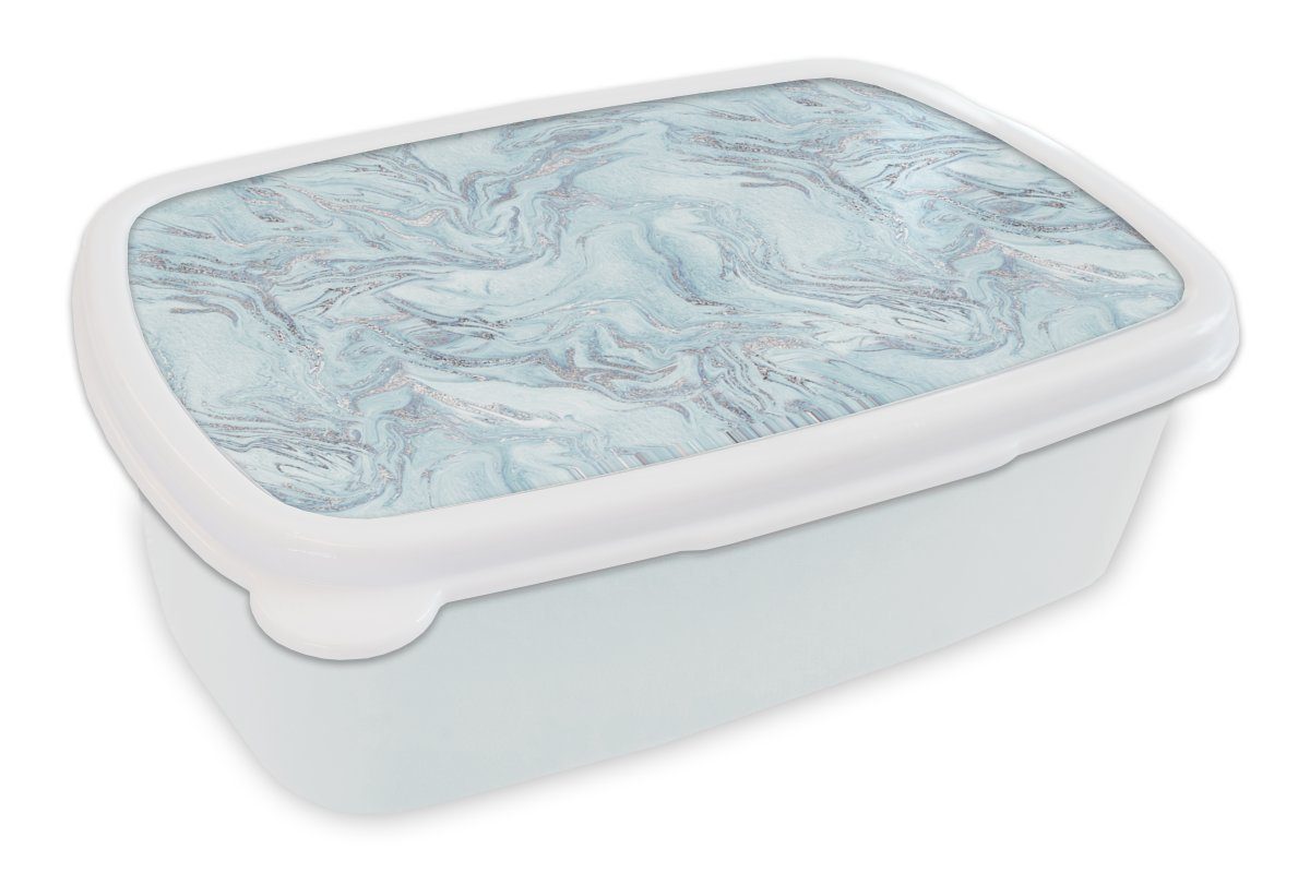 MuchoWow Lunchbox Silber - Blau - Marmor - Muster, Kunststoff, (2-tlg), Brotbox für Kinder und Erwachsene, Brotdose, für Jungs und Mädchen weiß