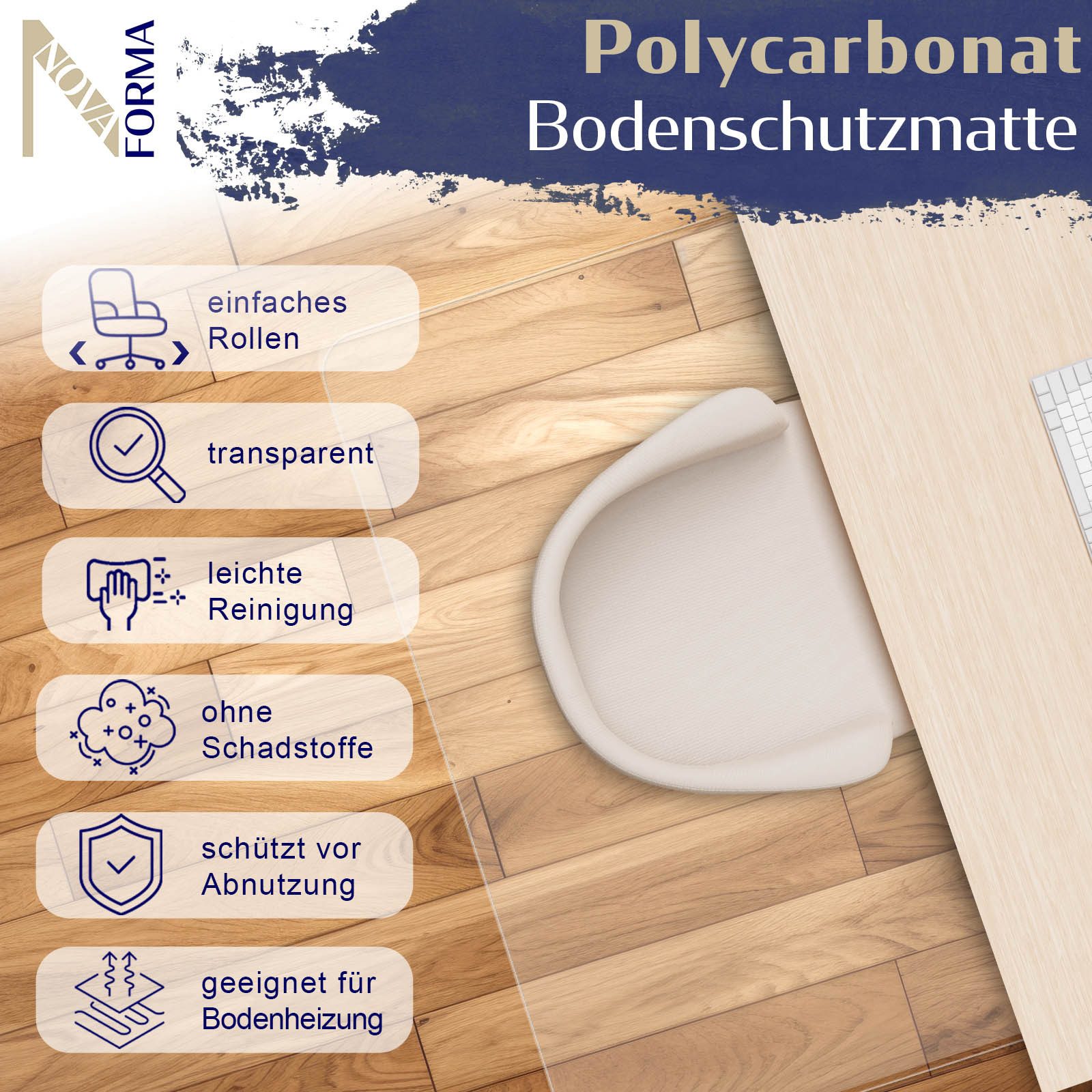 Nova Forma Bodenschutzmatte DURA, transparente Stuhlmatte für Hartböden - Unterlage für Bodenschutz