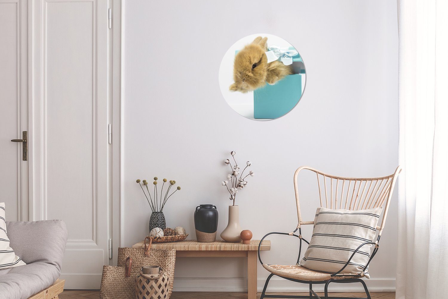 St), 30x30 MuchoWow Wandbild, Rundes Wohnzimmer, Gemälde Pastell Forex, Wanddekoration - cm (1 Kaninchen - Blau, Kreis