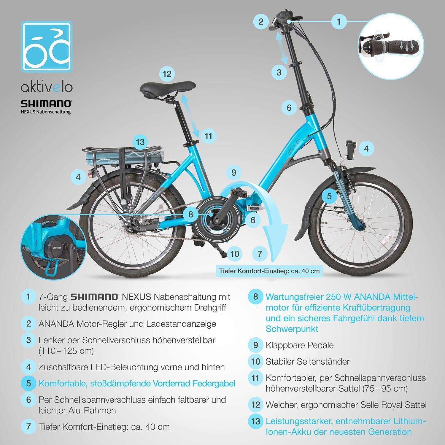 aktivelo Folding E-Bike, 20 inch, up to 25 km/h, bicycle for women and men, 7 speed, hub gears, up to 80 kilometers, folding bike with rim brake & roller brake