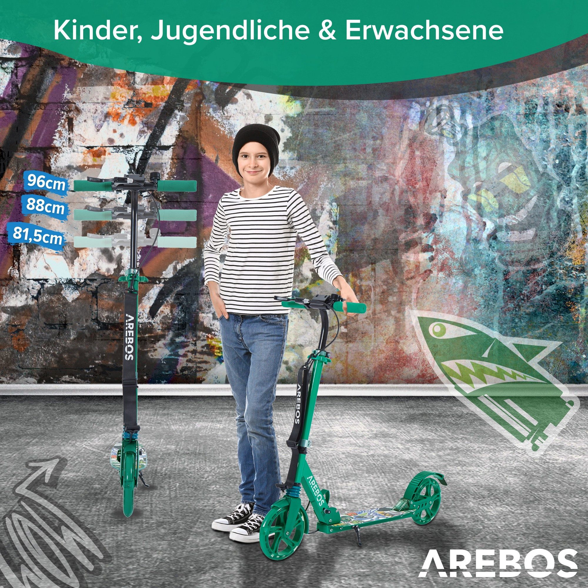 Arebos Tretroller LED-Reifen, faltbar, höhenverstellbar, inkl.Klinge l& Bremsen 100 kg, LED-Reifen: Leuchten während der Fahrt, für mehr Sichtbarkeit und Spaß