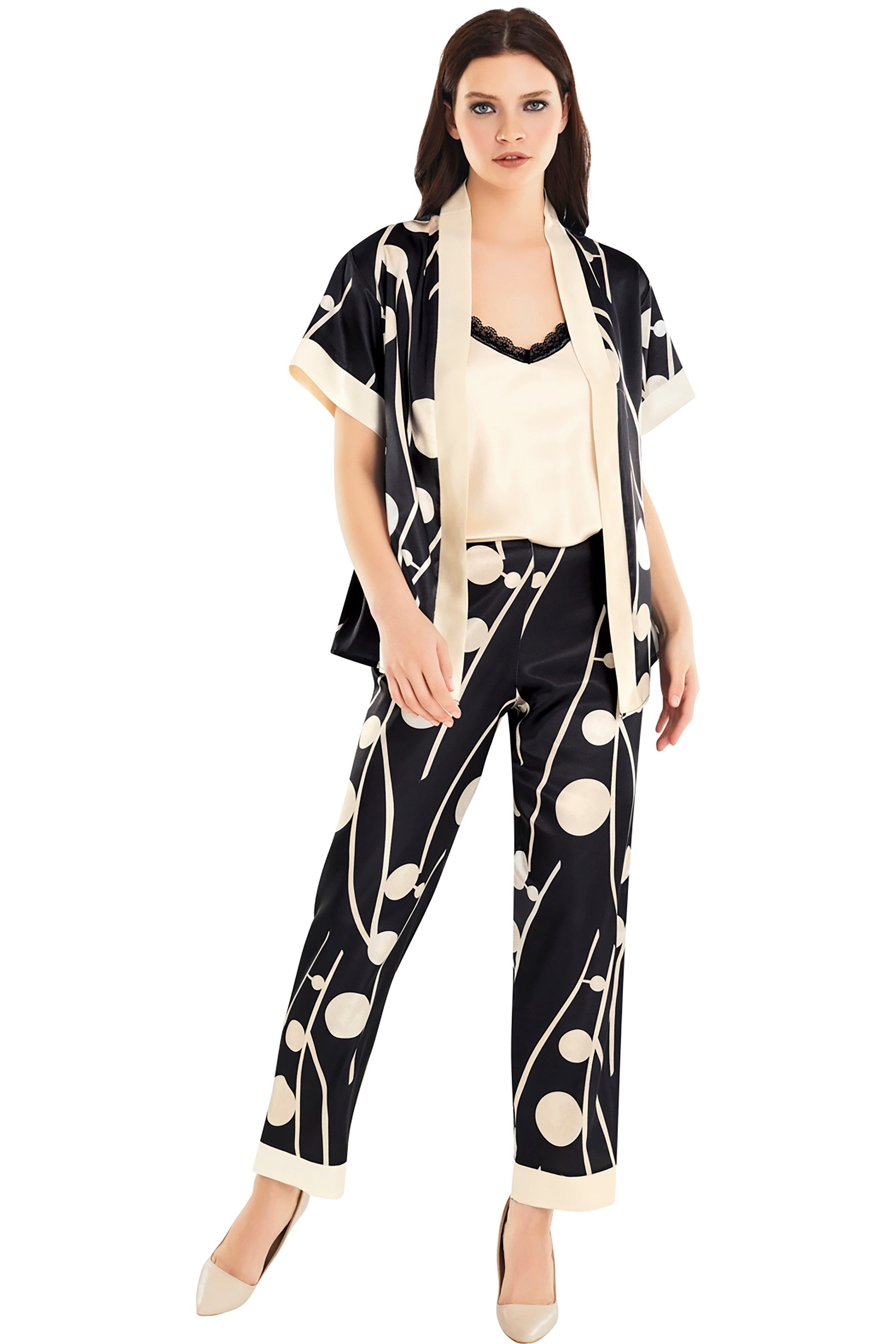 Capri-Pyjama 3-teiliges Satin-Pyjama-Set für Damen – Creme & Schwarz, elegant