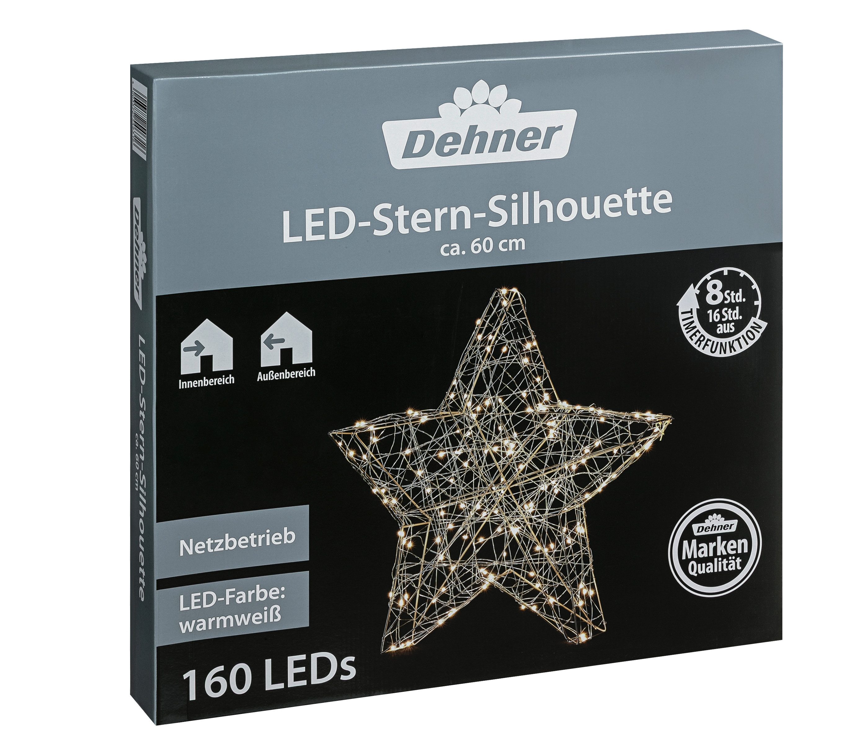 Dehner LED-Lichterkette LED-Stern Silhouette, 60 x 60 x 6.5 cm, Metall, mit 160 LEDs/Timer, Lichtfarbe warmweiß, für Indoor/Outdoor, silber