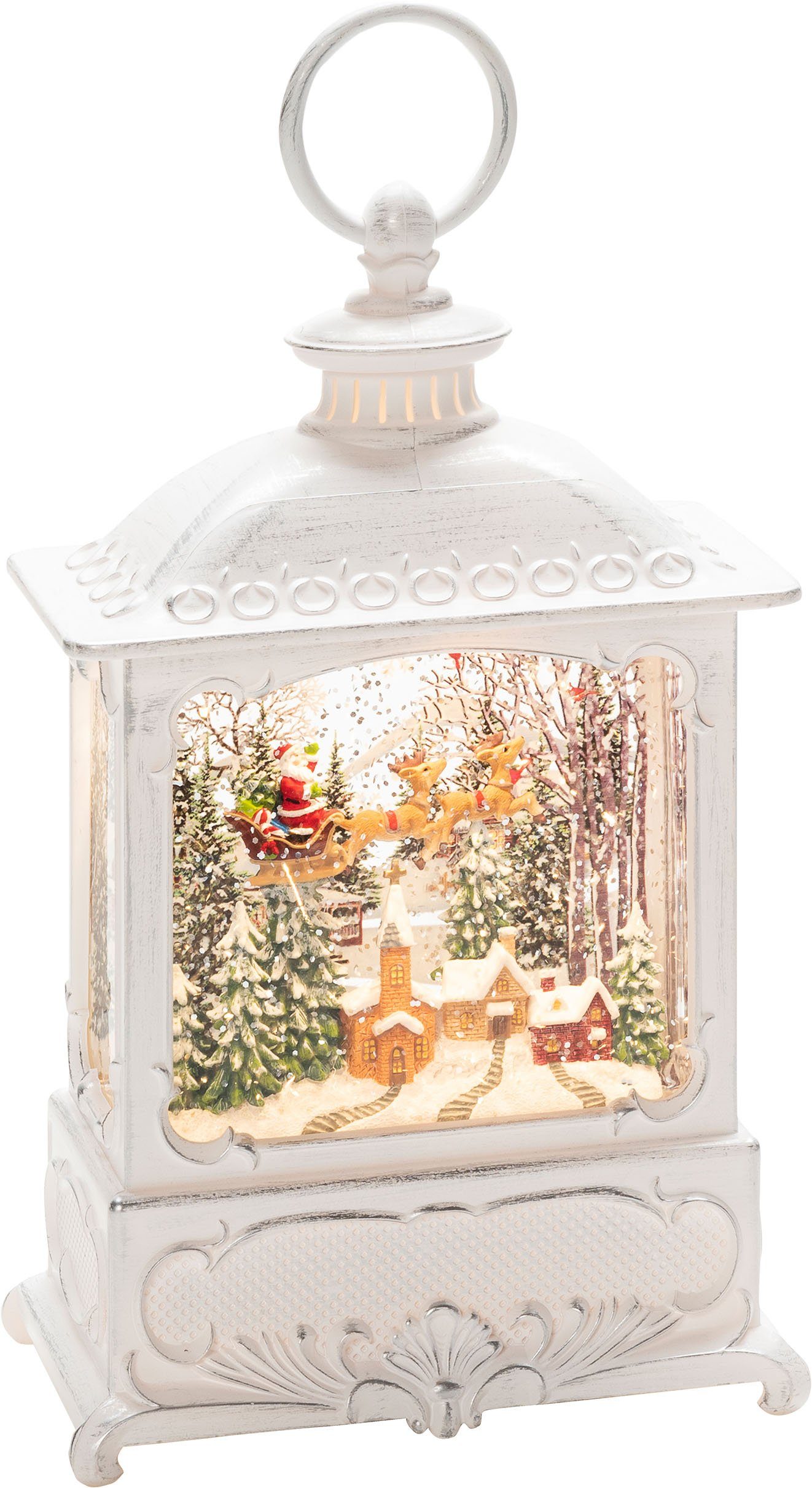 KONSTSMIDE LED Dekolicht Weihnachtsdeko, Timerfunktion, LED fest integriert, Warmweiß, Wasserlaterne Fliegender Weihnachtsmann über Dorf, batteriebetrieben