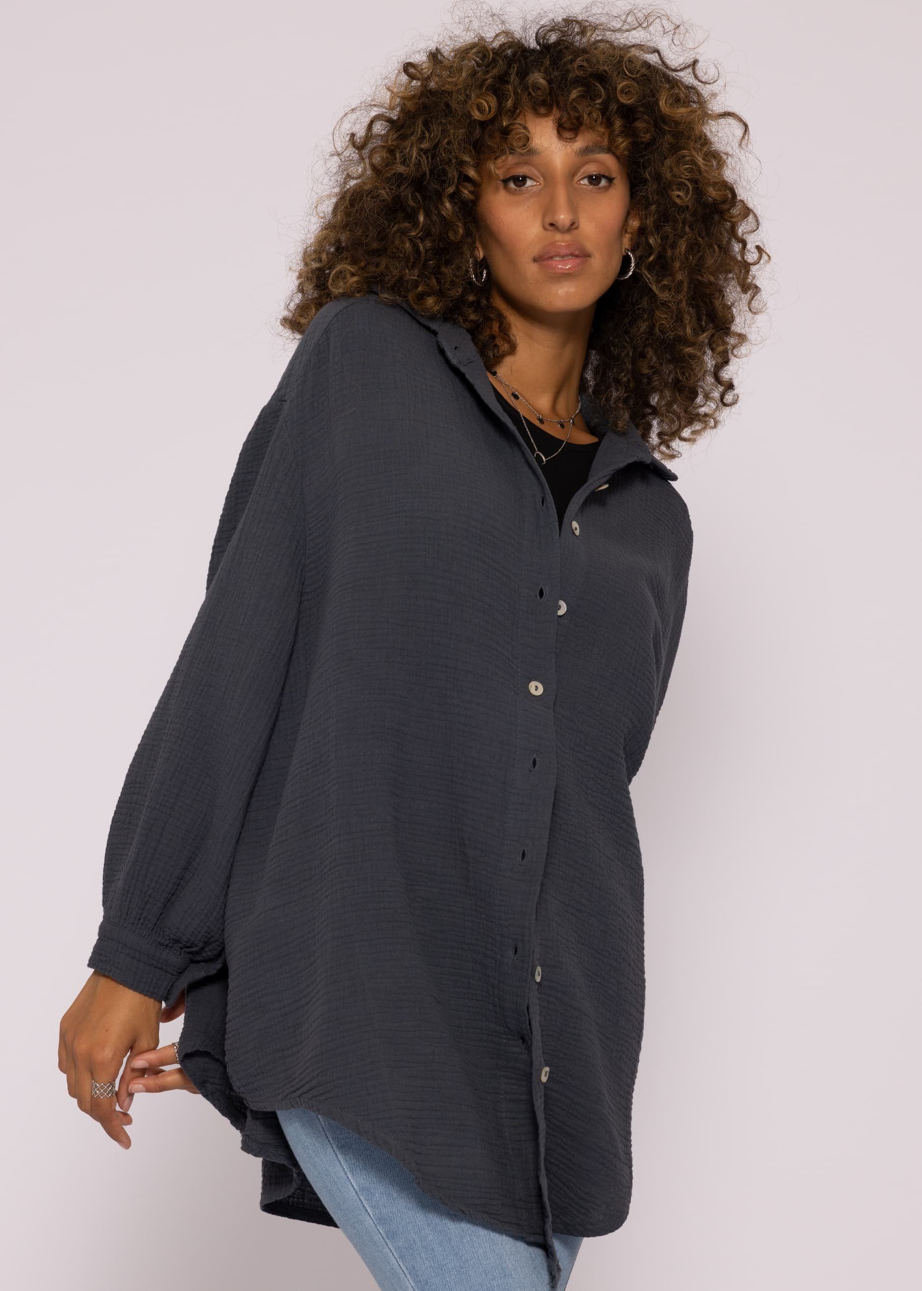 SASSYCLASSY Longbluse Oversize Musselin Bluse Damen Langarm Hemdbluse lang aus Baumwolle mit V-Ausschnitt, One Size (Gr. 36-48)