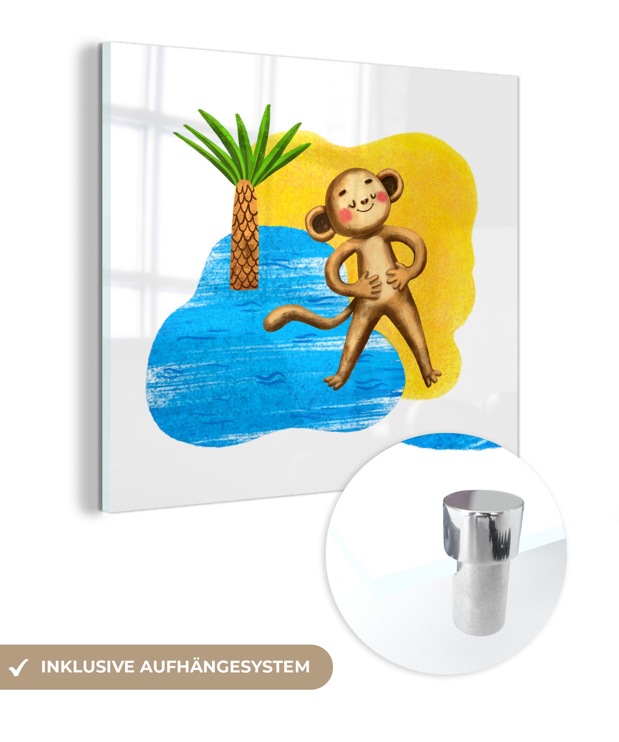 - Glas - auf Foto MuchoWow - Glasbilder (1 Wandbild Glas Bilder St), auf Affe Wanddekoration Palme - Acrylglasbild - Meer,