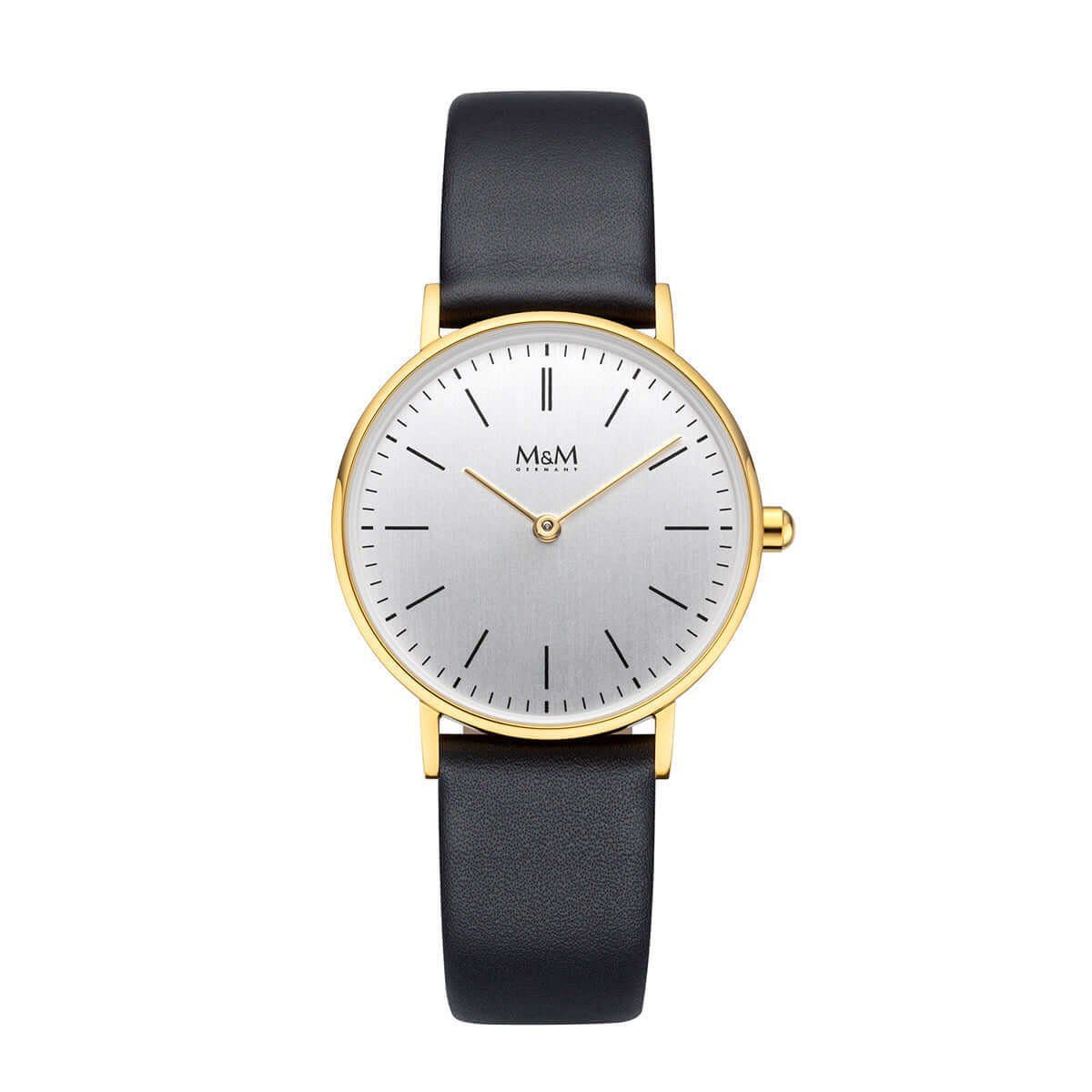 M&M Quarzuhr Armbanduhr Damen Leder Basic Line 32, (1-tlg), Analoguhr rund; klassisch; Lederarmband; Armband schwarz, Gehäuse gold