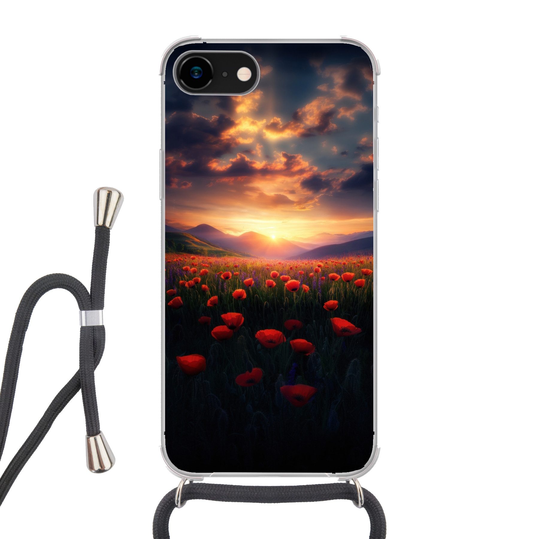 MuchoWow Handyhülle für Apple iPhone 8 Landschaft - Sonnenuntergang - Blumenfeld, Tragbare Handyhüllen mit Kette zum umhängen, Handykette Handyband
