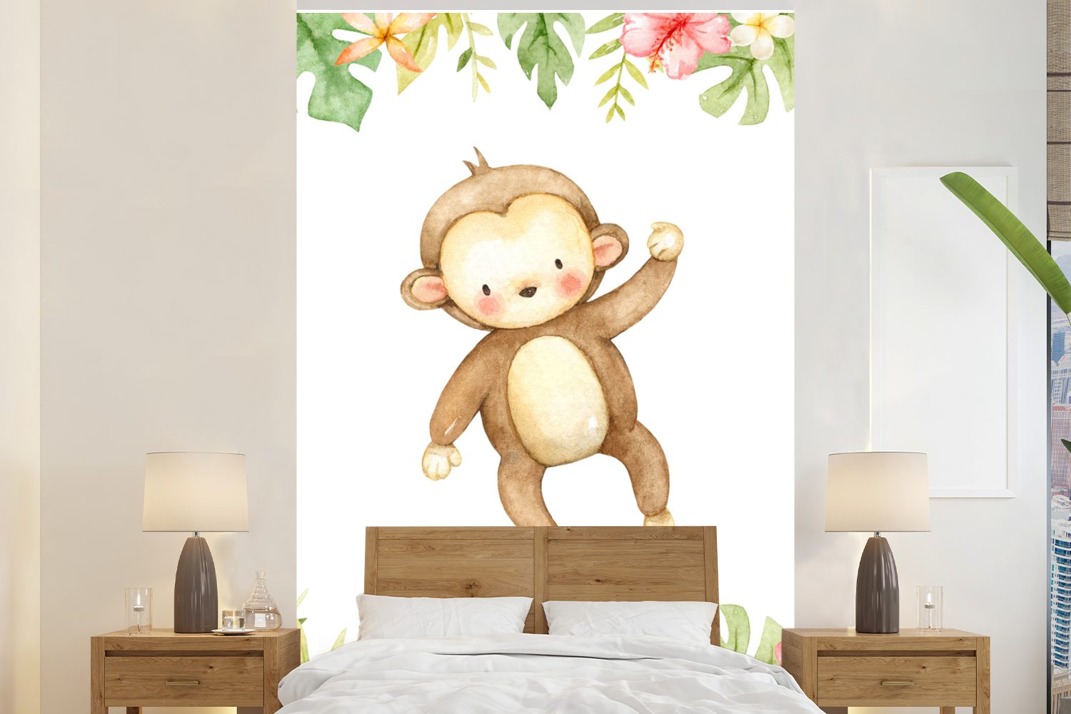 Das beliebteste dieser Woche MuchoWow Fototapete Affe Montagefertig Blumen - Vinyl Matt, - (3 St), Wandtapete Wohnzimmer, Tapete bedruckt, für Dschungel