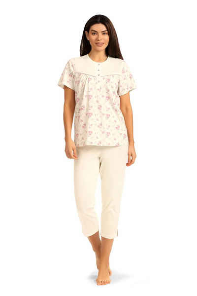 comtessa Schlafanzug (Set, 2 tlg., 2-teilig) Damen Pyjama 2-teilig Baumwolle Capri-Hose Blumen