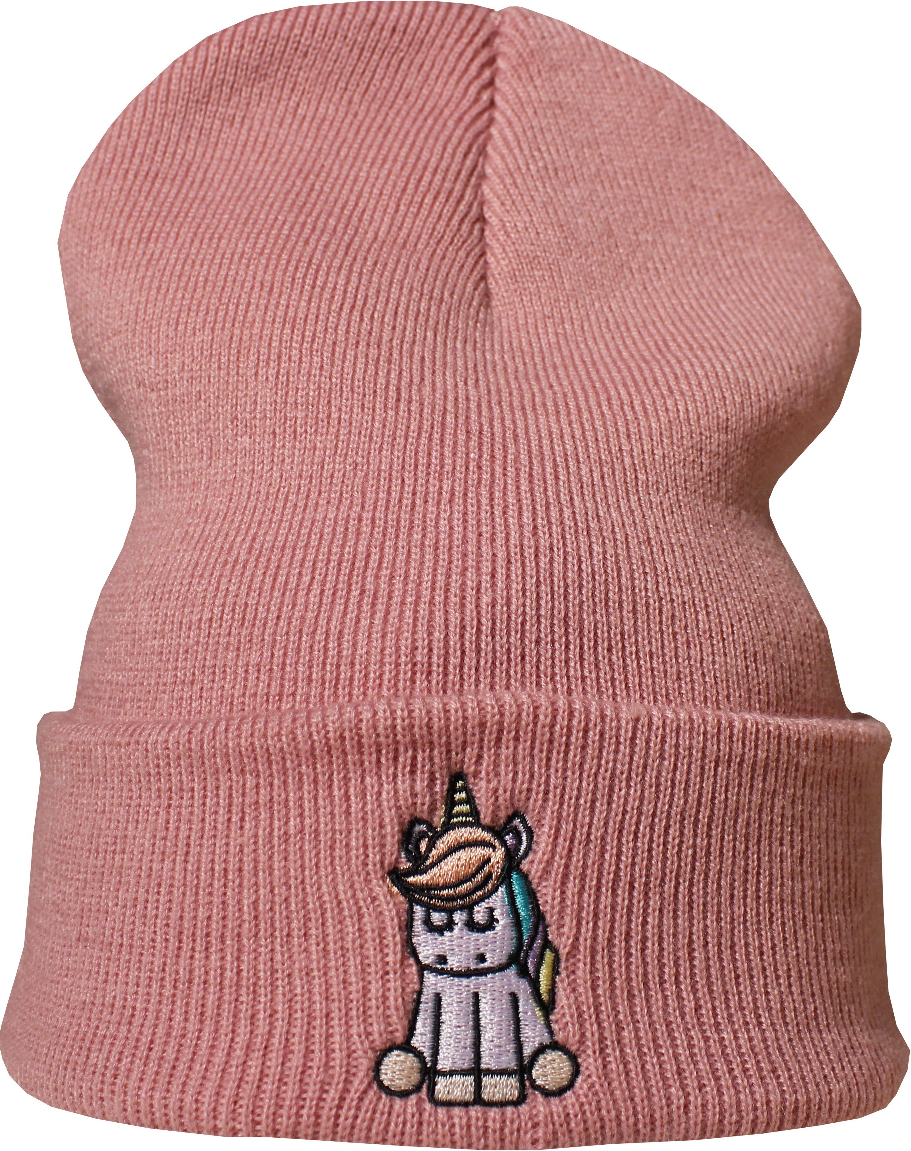 Baddery Beanie Strickmütze: "Einhorn" - Beanie / Winter / Wollmütze / Rollmütze, hochwertiger doppellagiger Strick, Stick-Motiv, One Size