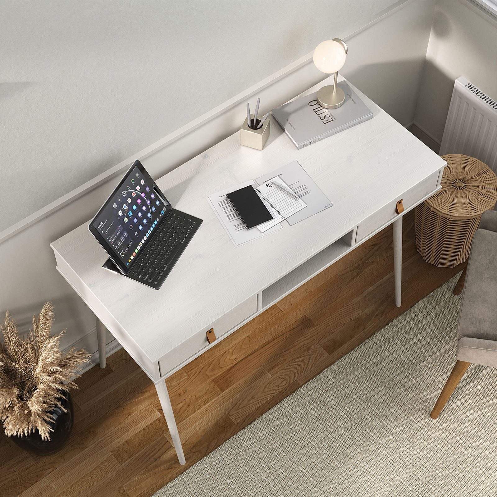 IDIMEX Schreibtisch KIM, moderner Bürotisch mit 2 Schubladen und Ablage aus Massivholz weiß
