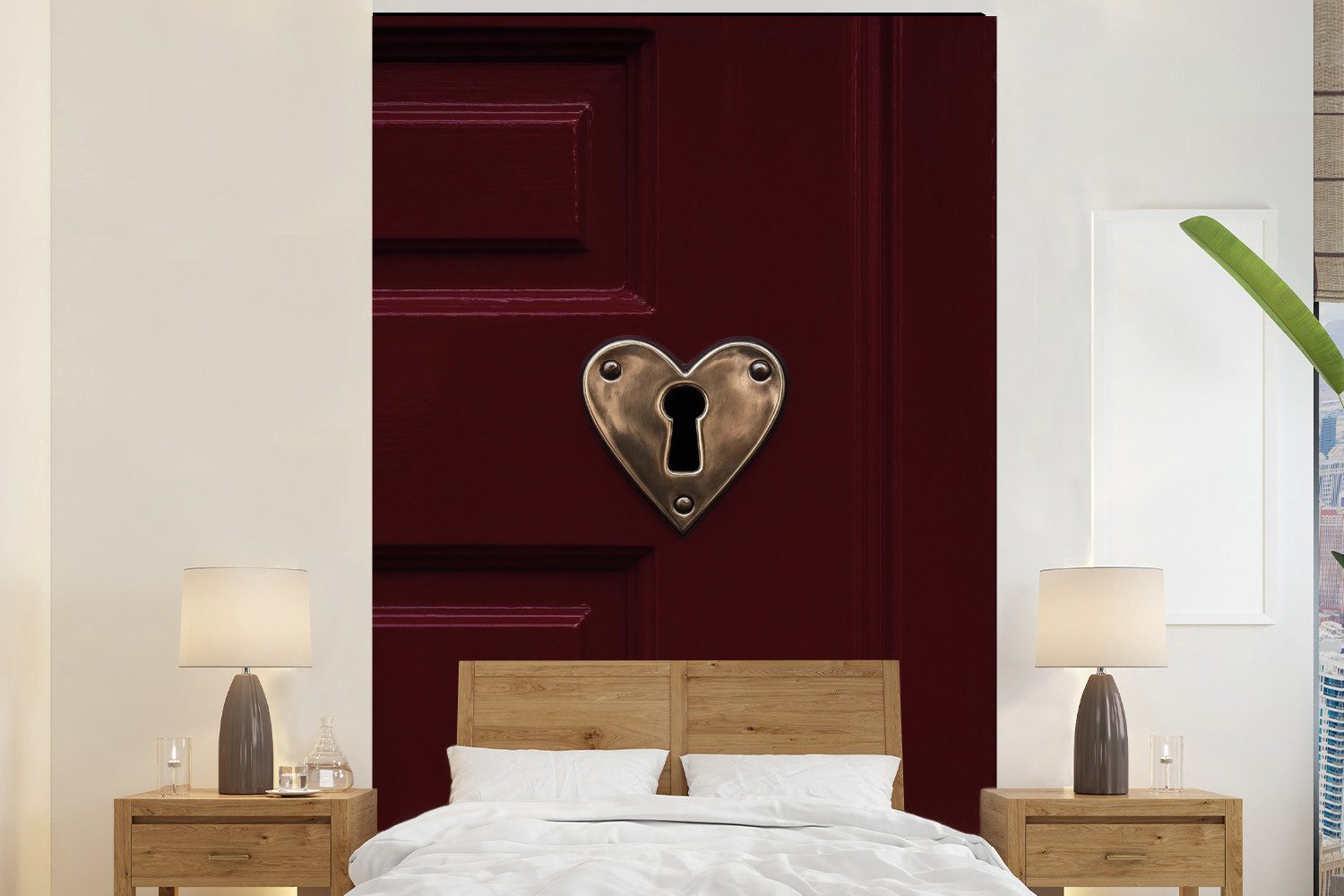 MuchoWow Fototapete Bordeaux - Schlüsselanhänger - Holz - Tür, Matt, bedruckt, Montagefertig Vinyl Tapete, Wandtapete, 145x220 cm