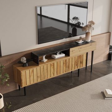 REDOM TV-Schrank Moderner TV-Ständer (mit Marmor- und Holzmaserungsdesign, PVC-Kante, Eisenbeinen, dunkle Holzfarbe, Heimdekoration) platzsparend, langlebig und langlebig