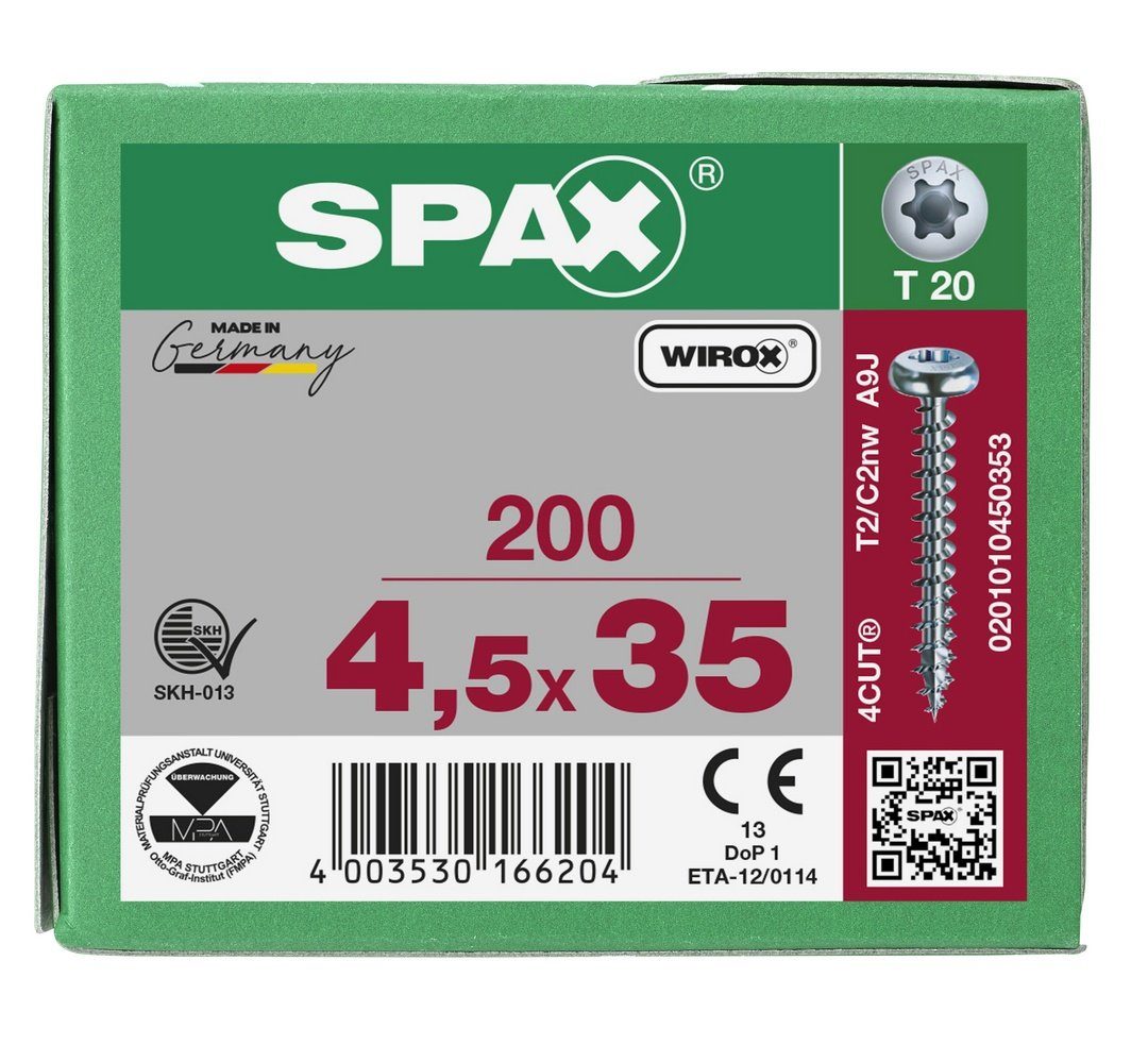SPAX Spanplattenschraube St), weiß verzinkt, 200 4,5x35 mm Universalschraube, (Stahl