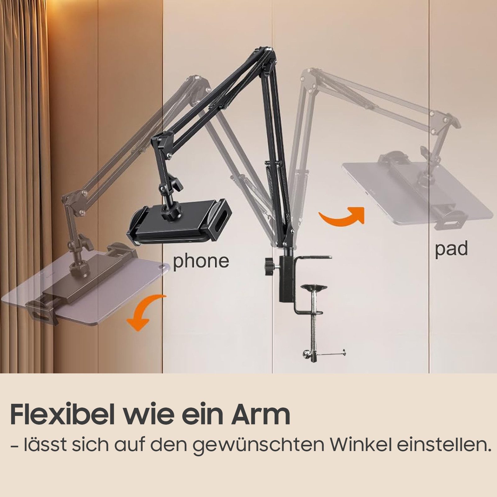 AIMAX Tablet-Halterung Handyhalterung mit Gelenkarm & Tischklemme für Smartphone & Table, (1 Doppelzug Halter (12-25cm), 2 Mikrofonclips (3-6cm + U-Klemme) – Bild 5 von 5