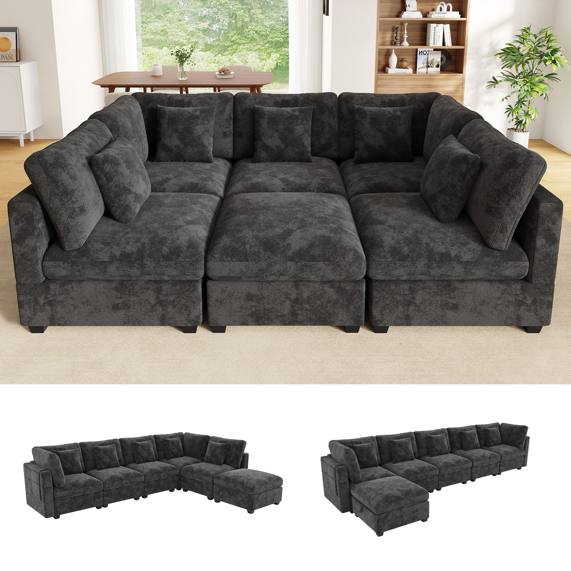 Merax Ecksofa Modulsofa Schlafsofa mit Schlaffunktion, Eckcouch aus Chenille, flexible Wohnlandschaft, 370x81x147cm 1 Teile, 6-Sitzer-Sofa mit Stauraum-Hocker, Seitentaschen & 5 Kissen