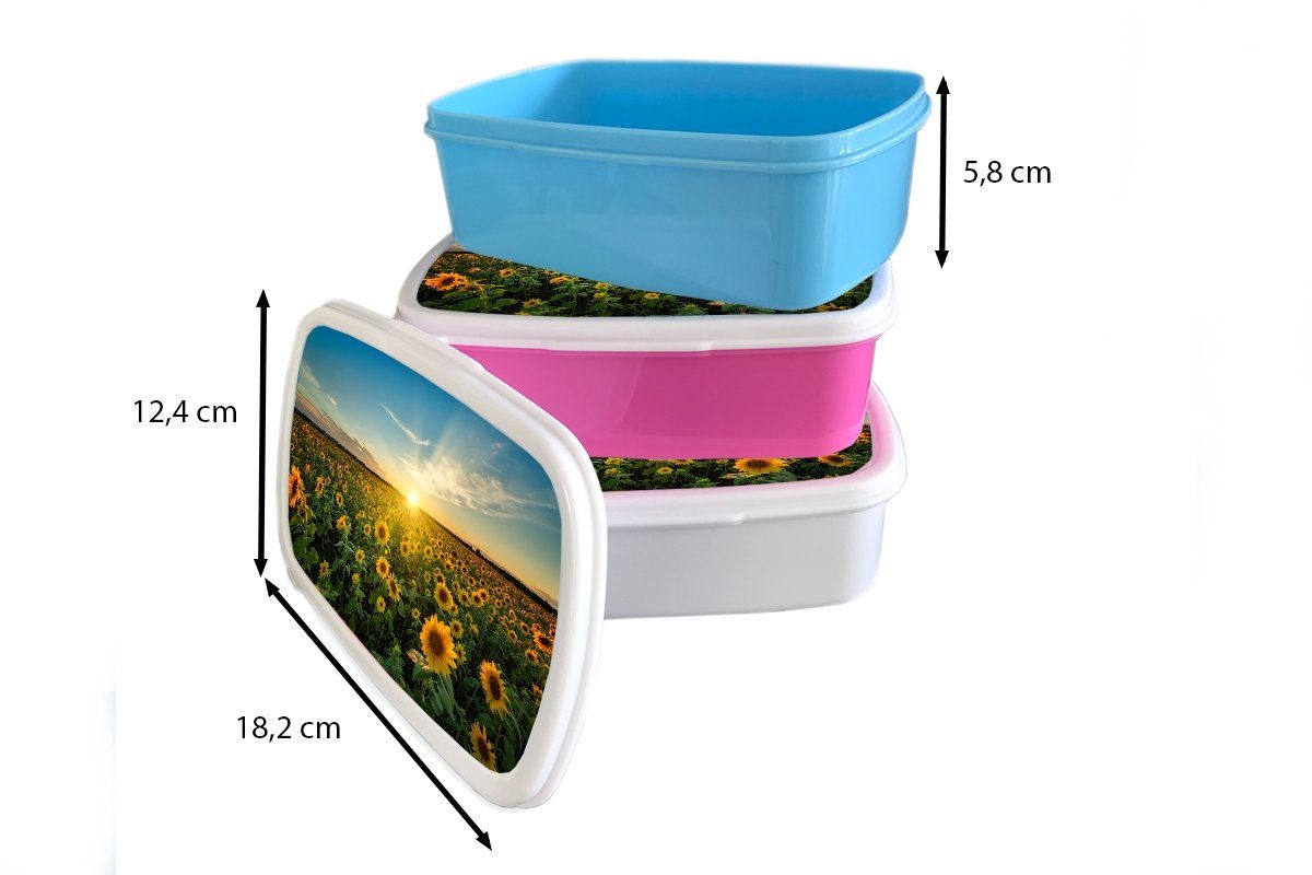 MuchoWow Lunchbox Sonnenuntergang Kunststoff Sonnenblume - - - Kunststoff, Mädchen, - Blumen Brotbox rosa Horizont (2-tlg), Brotdose Landschaft, für Kinder, Snackbox, Erwachsene