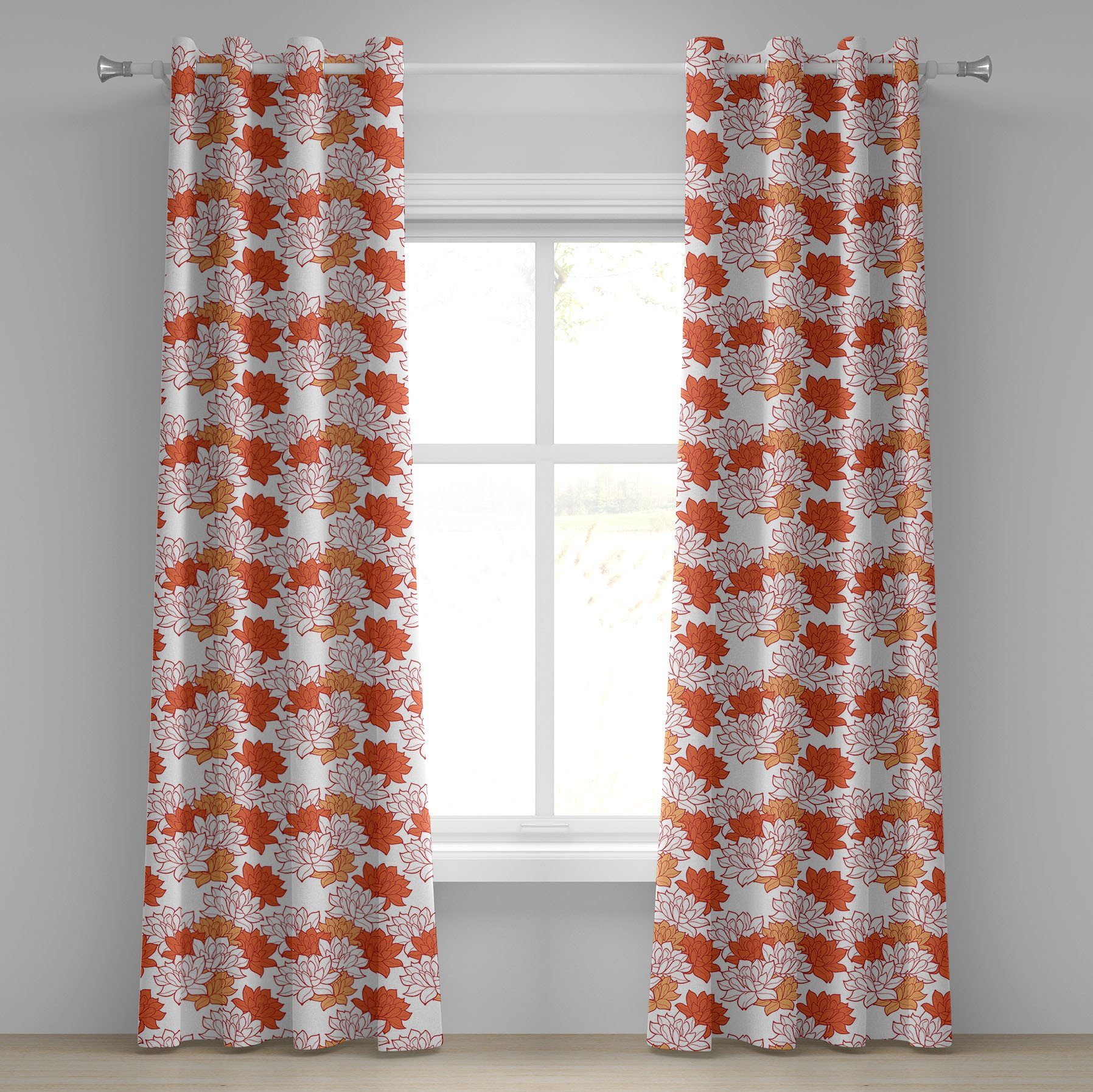 Gardine Dekorative 2-Panel-Fenstervorhänge für Schlafzimmer Wohnzimmer, Abakuhaus, Orange Blooming Lotus Leaves