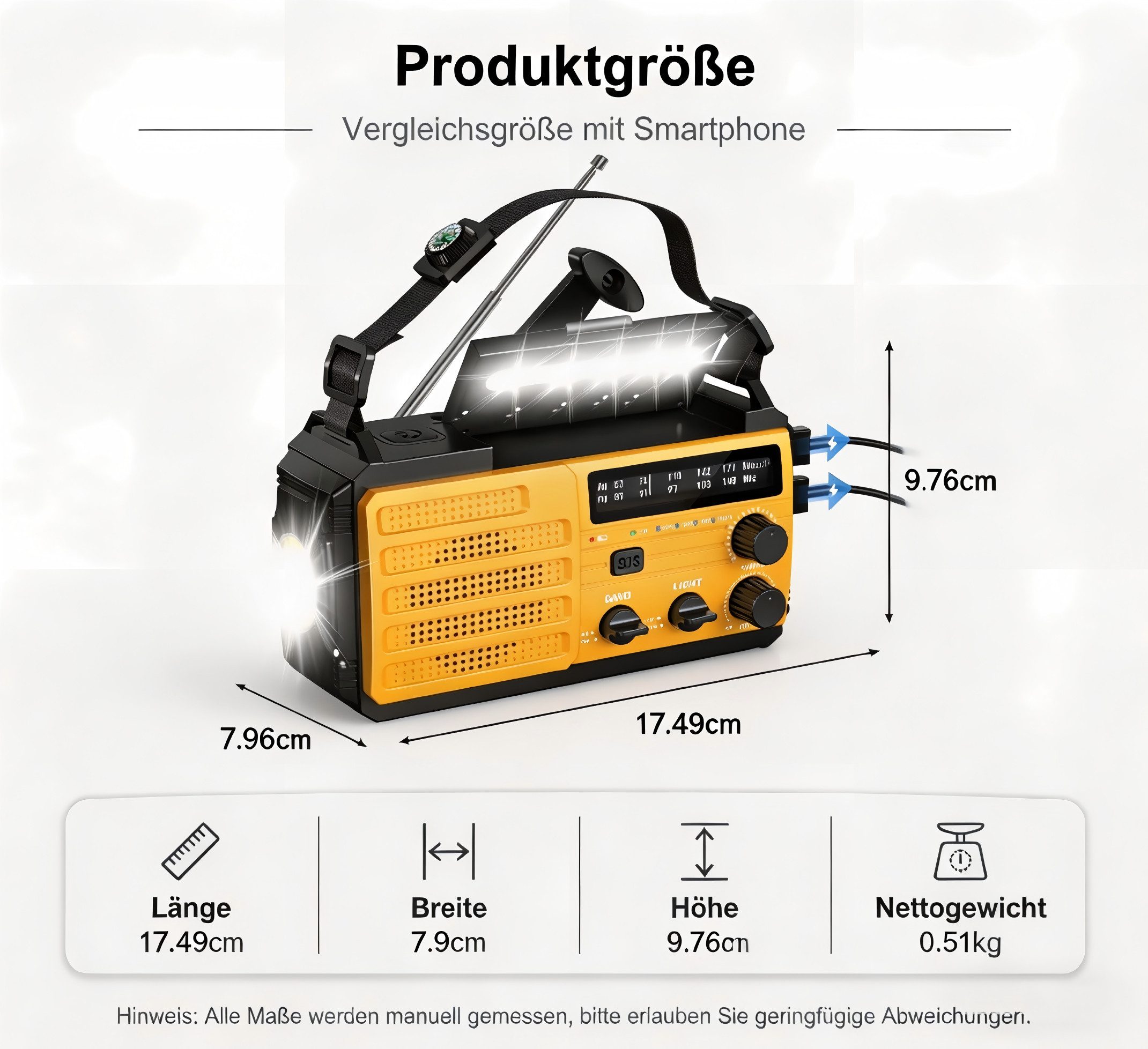 Greadio Notfall Kurbelradio, 8000mAh, 3-fach Ladung, AM/FM SOS Taschenlampe Radio (SOS-Alarm, AM/FM-Empfang, Kompass & Leselicht, USB Notfall-Ladegerät für Outdoor & Katastrophen)