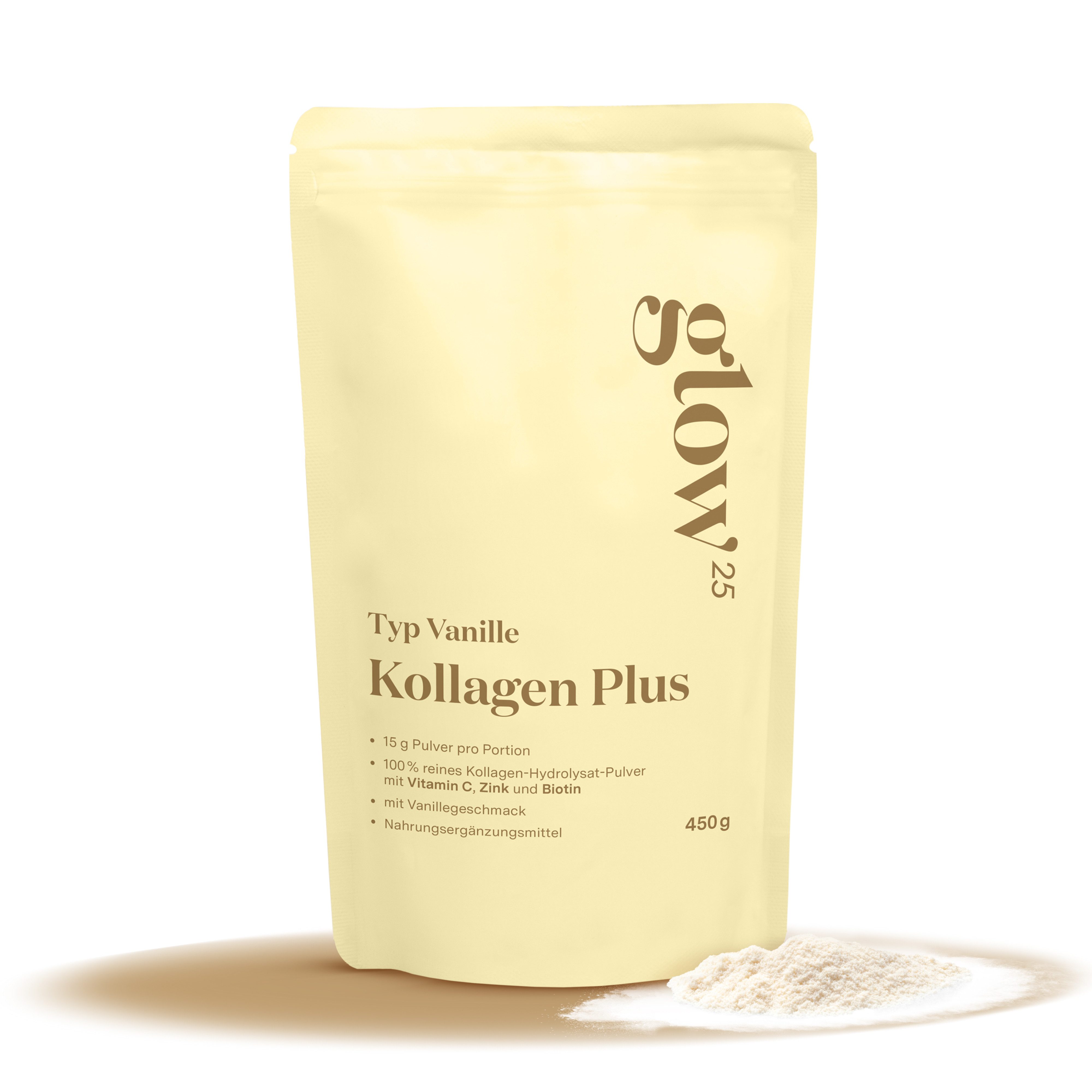 Glow25® Collagen Plus Vanille [450g] mit Vitamin C, Zink und Biotin Pulver