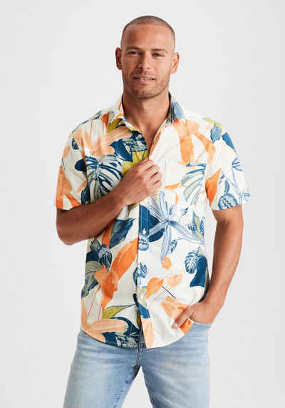 Beachtime Hawaiihemd mit Kentkragen, Freizeithemd mit Blätterprint aus reiner Baumwolle