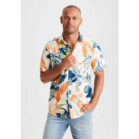 Beachtime Hawaiihemd mit Kentkragen, Freizeithemd mit Blätterprint aus reiner Baumwolle