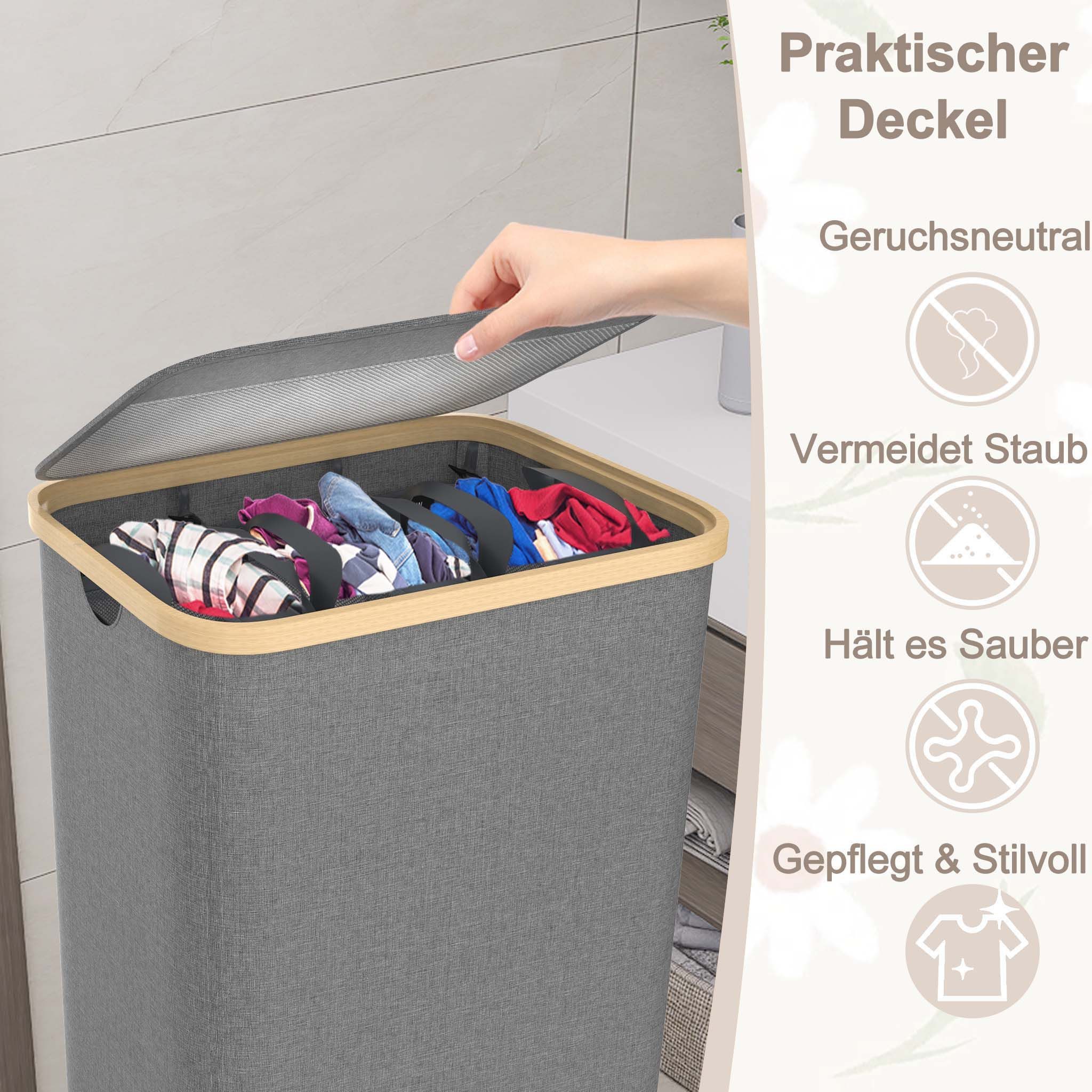 FIVMEN Wäschekorb 140L mit Deckel zur einfachen Trennung, Faltbar Wäschesammler 3 Fächer (Set, Wäschesortierer Wäschesack Wäscheboxen) – Bild 3 von 5