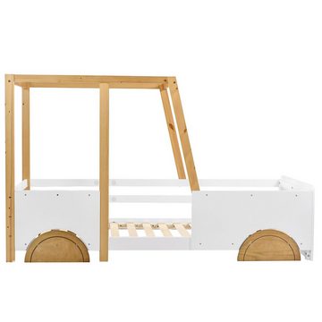 SOFTWEARY Kinderbett Autobett mit Rollrost (90x200 cm), Einzelbett mit Rausfallschutz, Kiefer