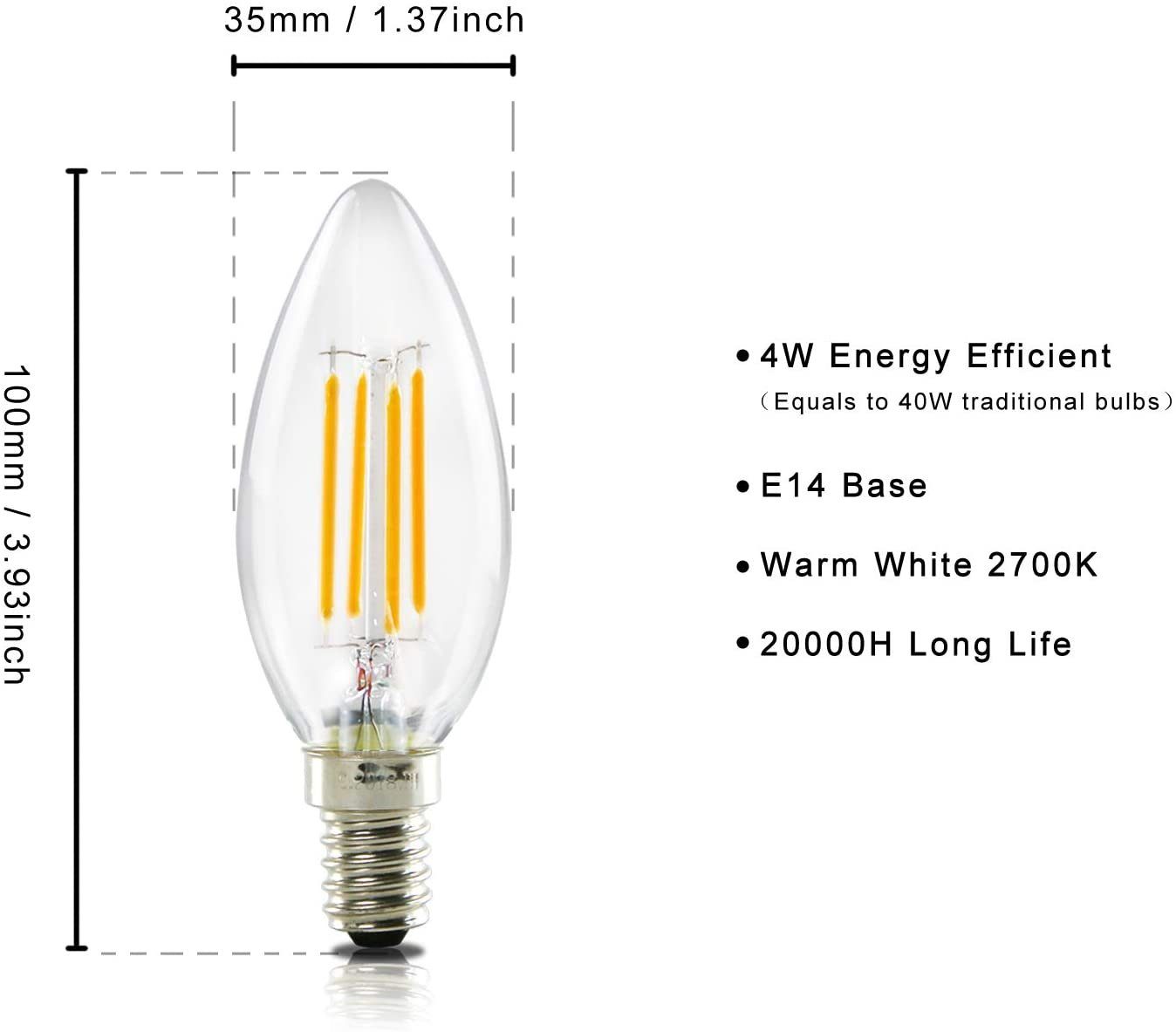 ZMH LED-Leuchtmittel LED Edison Glühbirne Vintage Kronleuchter Kerzenlampe Antike, E14, 6 St., Warmweiß